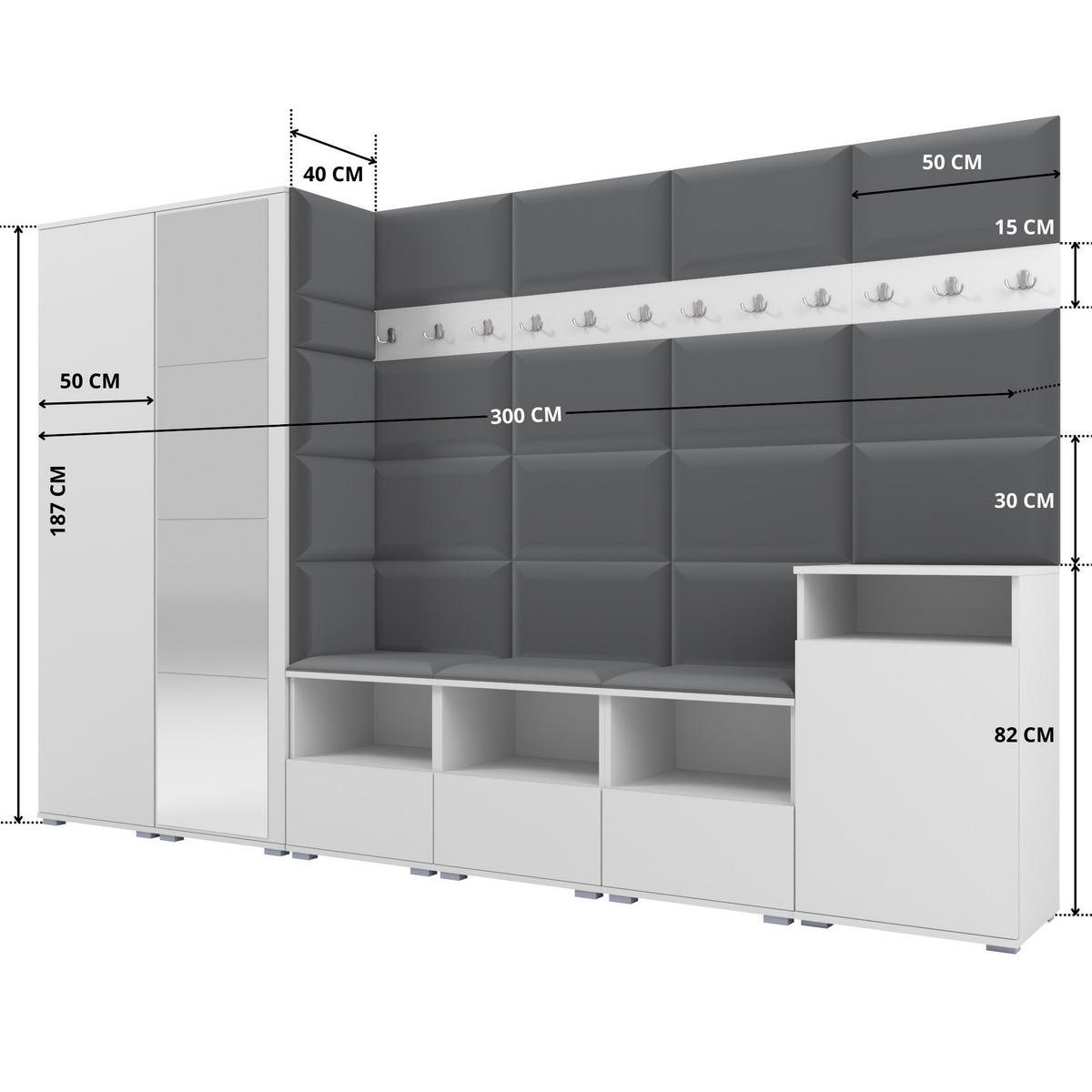 GARDEROBE NELA XII 300 cm (Modulare Flurmöbel Weiß mit Spiegel & Sitzpolster Dunkelgrau 15 Gigantisches Set) - Dunkelgrau/Silberfarben, Holz/Holzwerkstoff (300/187/40cm) - Ravio