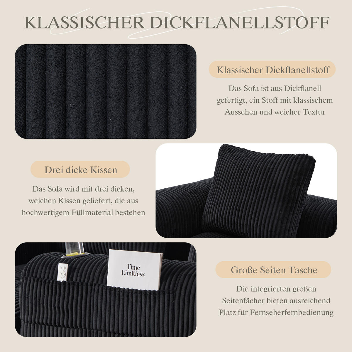 ECKSOFA 3-Sitzer mit Getränkehalter, Seitentaschen & 3 Kissen - Schwarz, Textil (253/158cm) - Urban Meuble