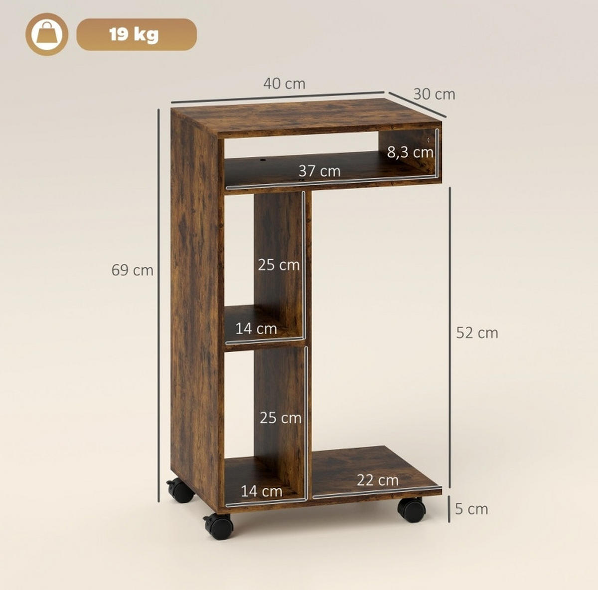 BEISTELLTISCH 40/30/69 cm mit 3 Fächern, 4 Rollen und C-Form in Holzoptik, Rustikalbraun - Braun, Holz (40/30/69cm) - Redom