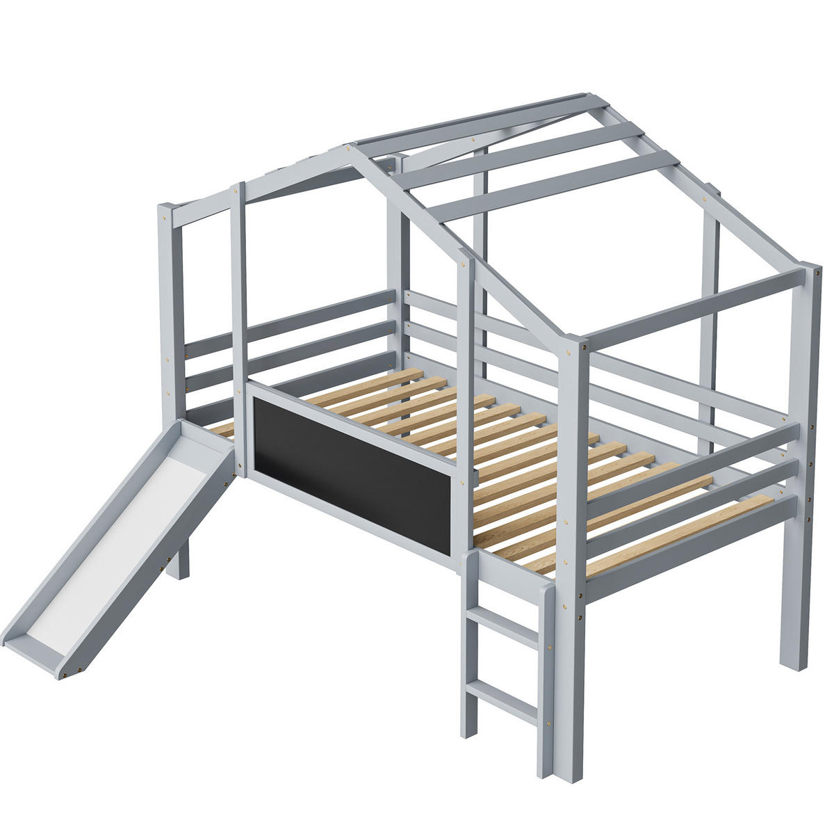 KINDERBETT aus Massivholz 90x200 cm Grau mit Rutsche, Leiter, Tafel und Hausdach - Grau, Holz (90/200cm) - Modfu