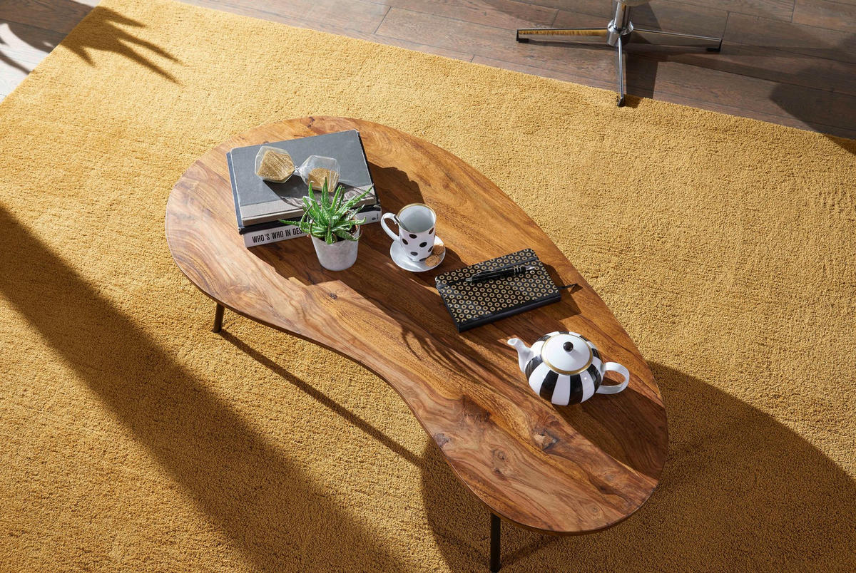 COUCHTISCH Retro-Stil mit Nierenform, Massivholz, Metallbeine, pflegeleichte Tischplatte, Braun 122x63x36 cm - Schwarz/Braun, Holz/Metall (63/122/36cm) - KADIMA DESIGN