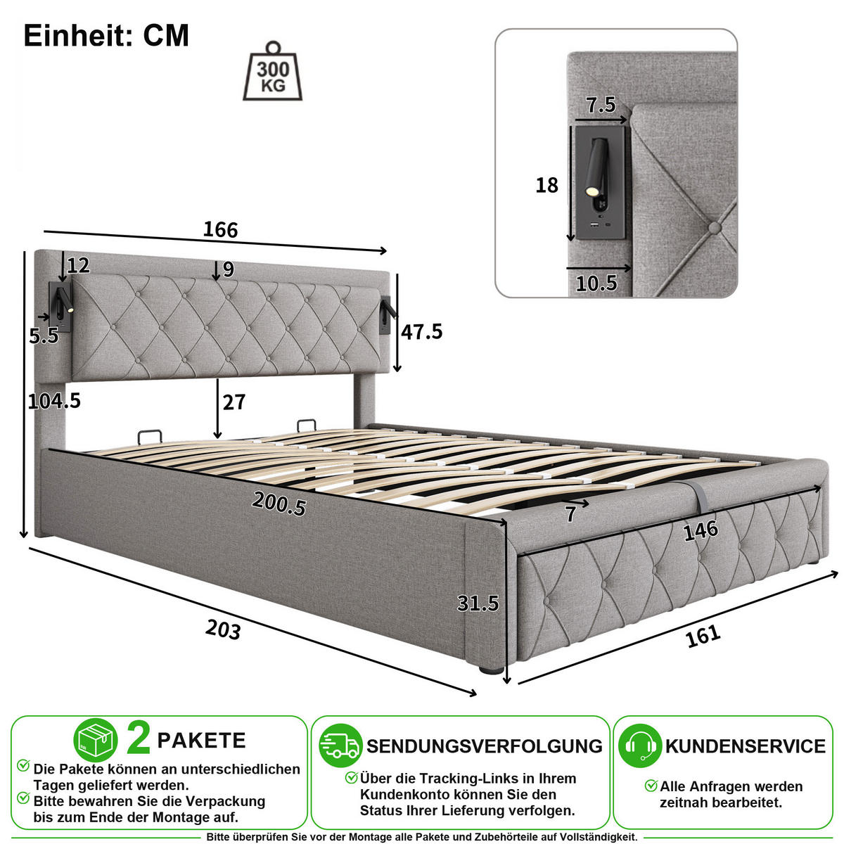 ČALOUNĚNÁ POSTEL v šedé barvě z lnu s úložným prostorem, osvětlením a USB - šedá, kov/kompozitní dřevo (160/200cm) - CHICFURN