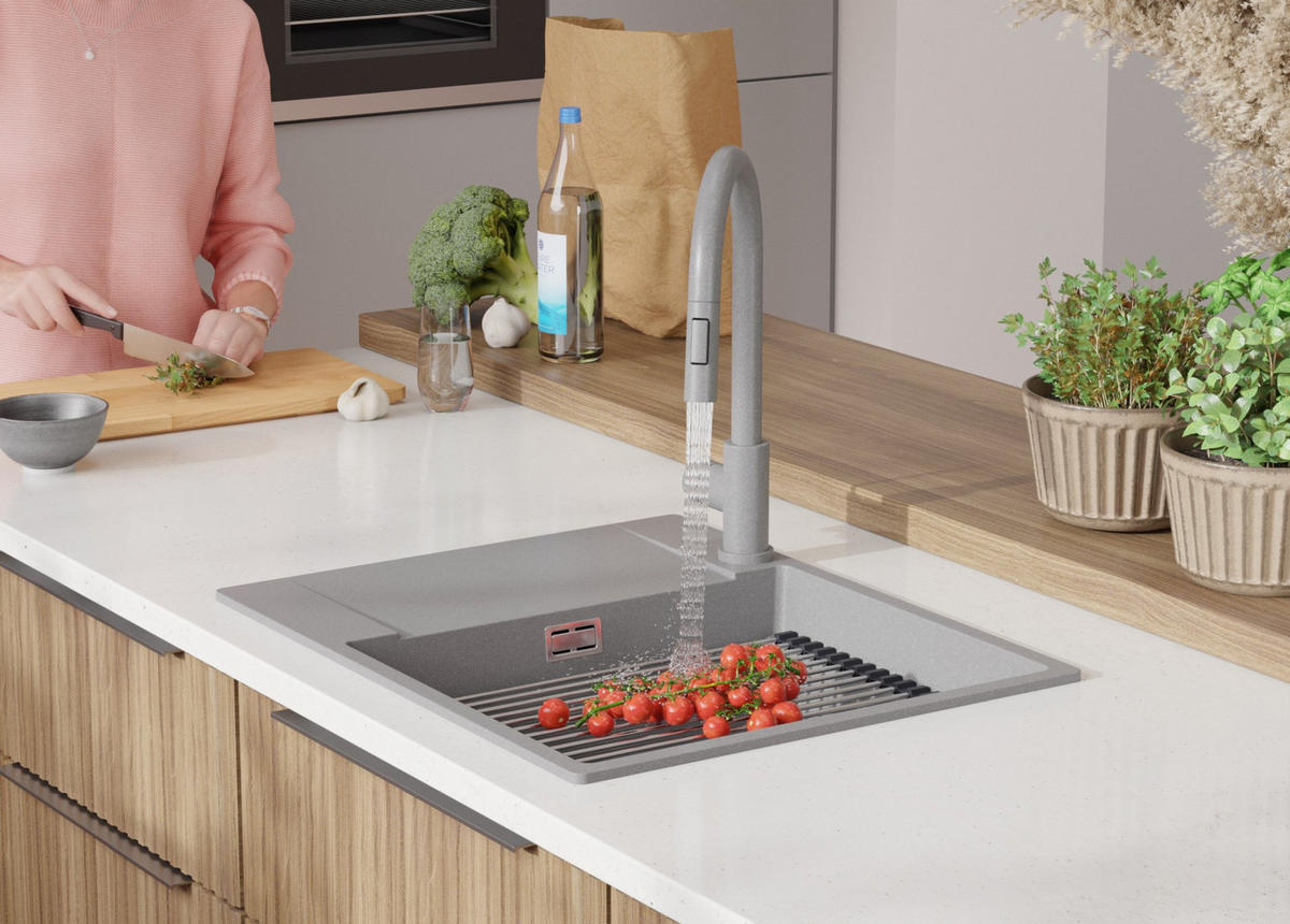 GRANITSPÜLE San Francisco, 2-er set Grau 62/50 cm 1 Becken + Küchenarmatur 32/20 cm + Ablauf-Set + Aufrollbare Abtropffläche ab 50er Unterschrank - Chromfarben/Grau, Kunststoff (62/20/50cm) - Primagran