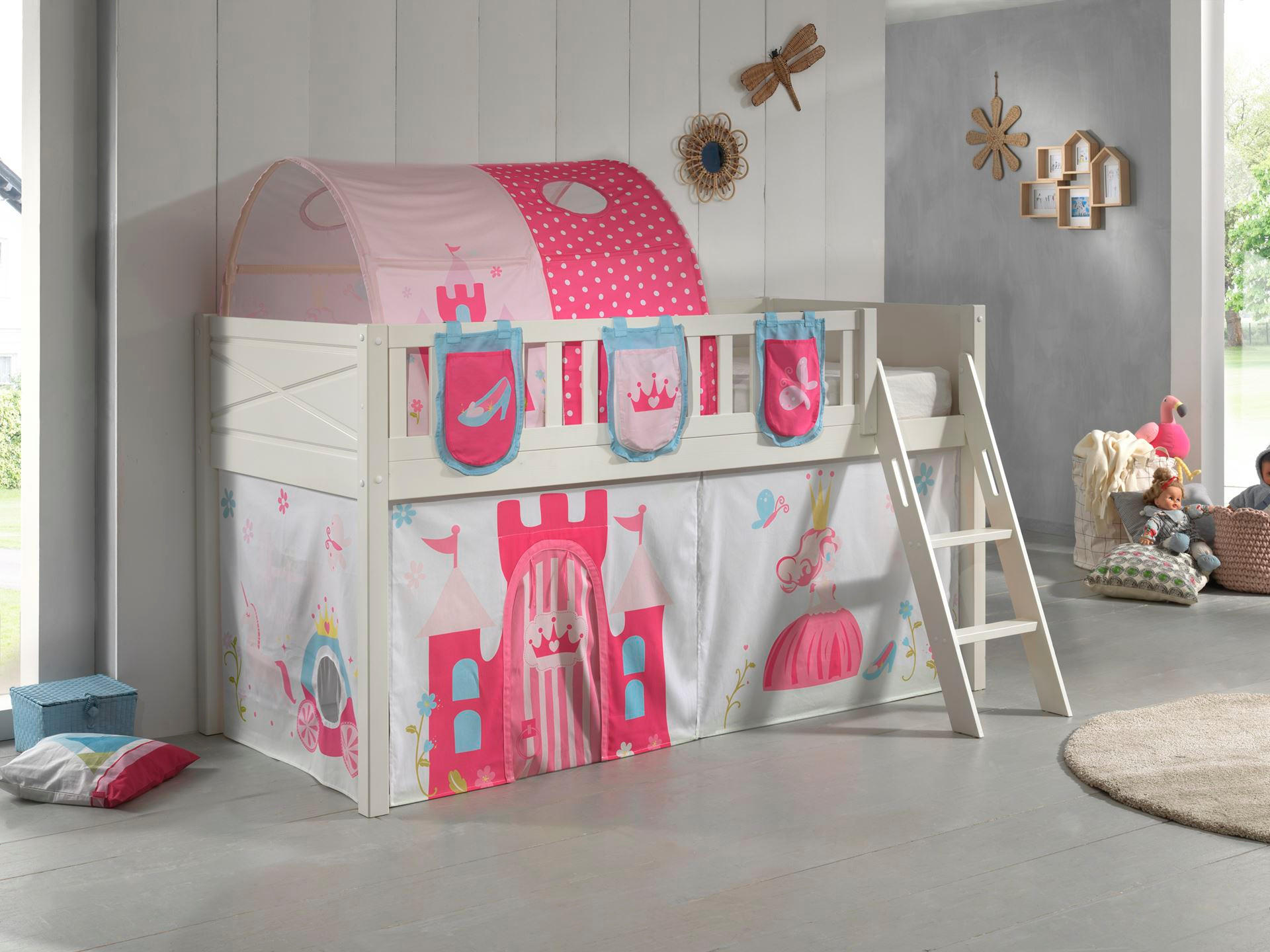 KINDERBETT Karyl 208x114x135 Massivholz Weiß Textilset Princess 4 - Magenta/Weiß, Holz (90/200cm) - 58aufmkessel