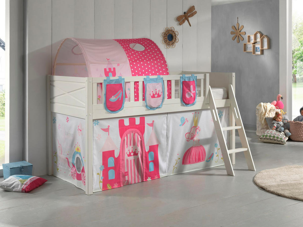 KINDERBETT Karyl 208x114x135 Massivholz Weiß Textilset Princess 4 - Magenta/Weiß, Holz (90/200cm) - 58aufmkessel