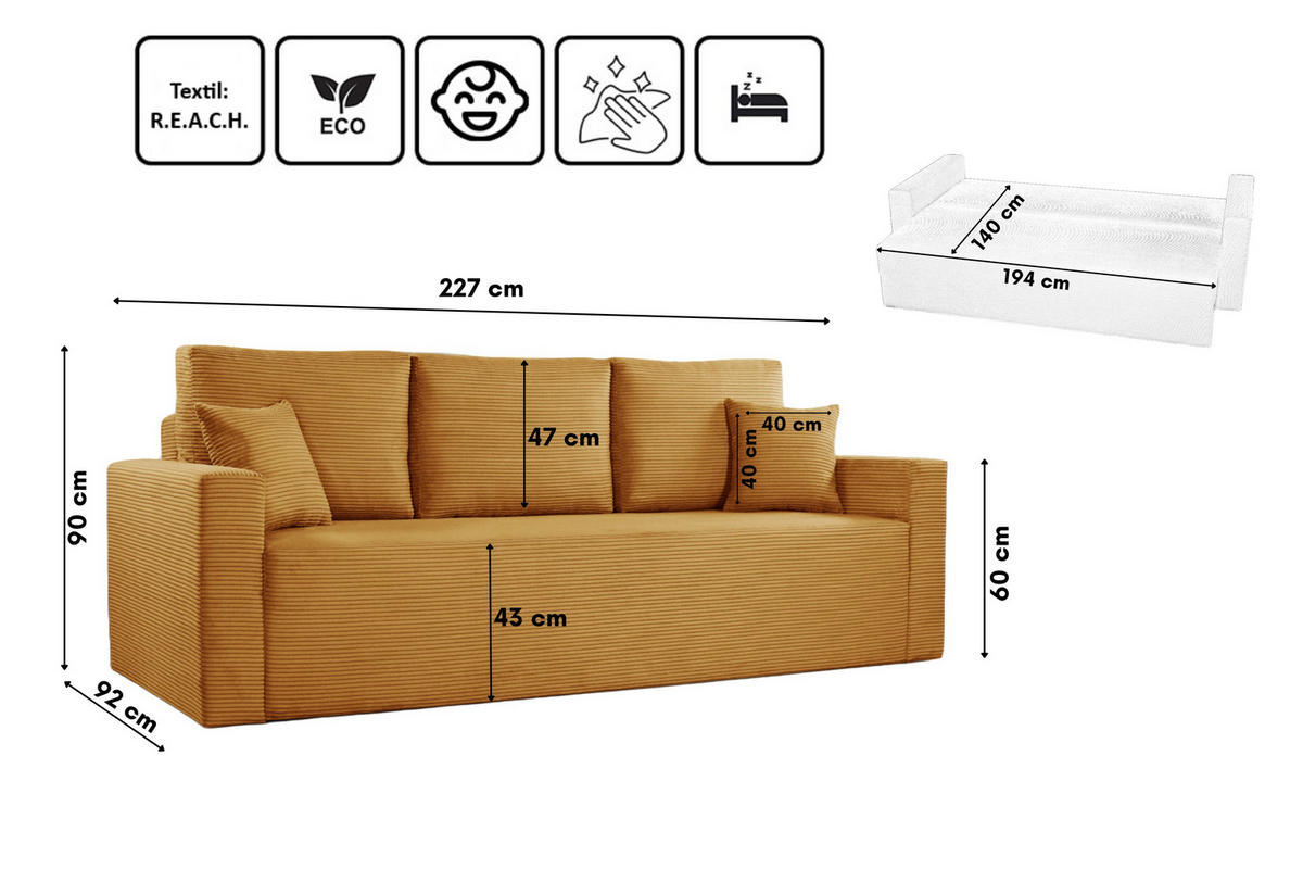SCHLAFSOFA ZOOM Mit Bettkasten Stoff Zoom Gelb - Gelb, Holz/Textil (227/90/92cm) - Kaiser Möbel