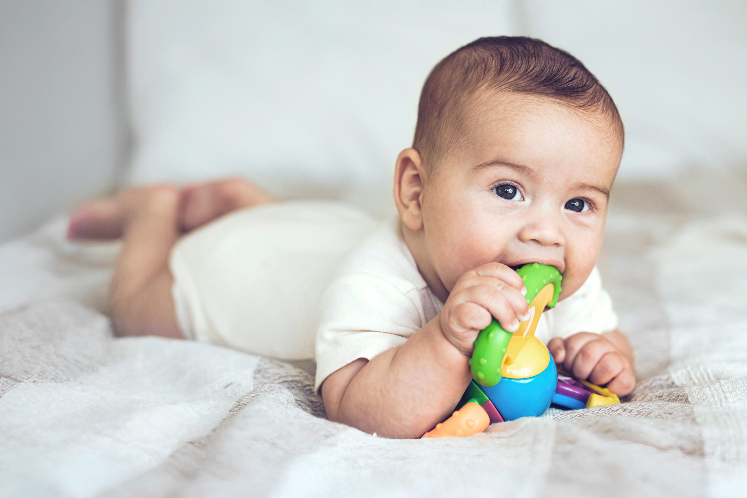 Baby liegt auf dem Bauch auf einer Decke und hält ein buntes Spielzeug.