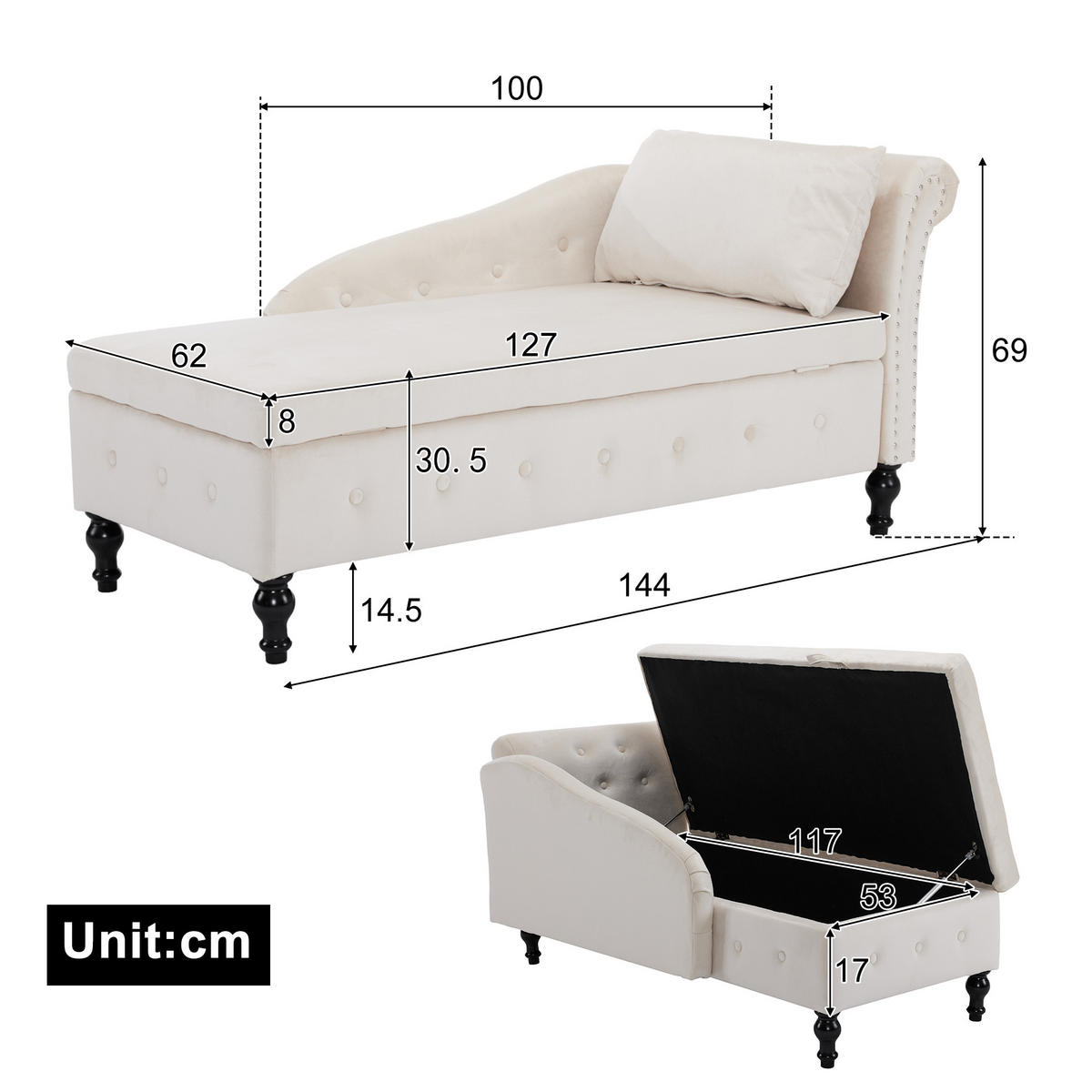 RÉCAMIERE Samt Beige mit Stauraum mit Kissen - Beige, Holz/Holzwerkstoff (144/69/62cm) - WISHDOR