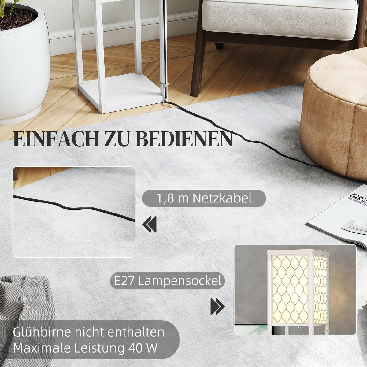 STEH-LEUCHTE MDF Stoff Weiß - Weiß, Holzwerkstoff (26/26/160cm) - HOMCOM