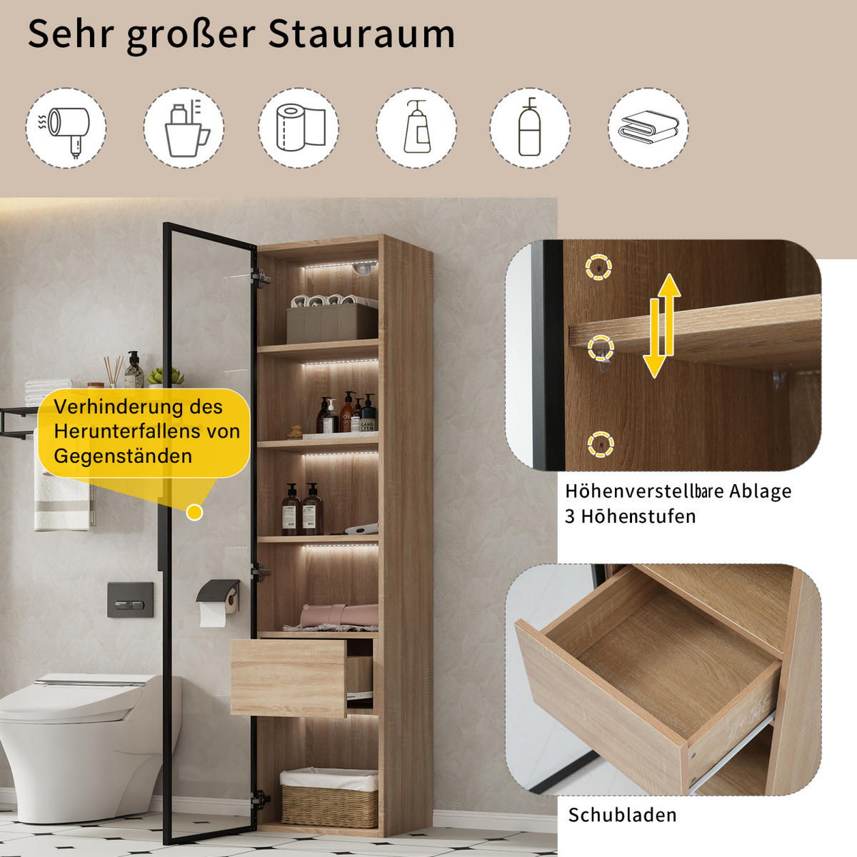 HOCHSCHRANK,BADEZIMMERSCHRANK mit LED Beleuchtung - Naturfarben, Holz (40/165/34cm) - PARAFTA HOME