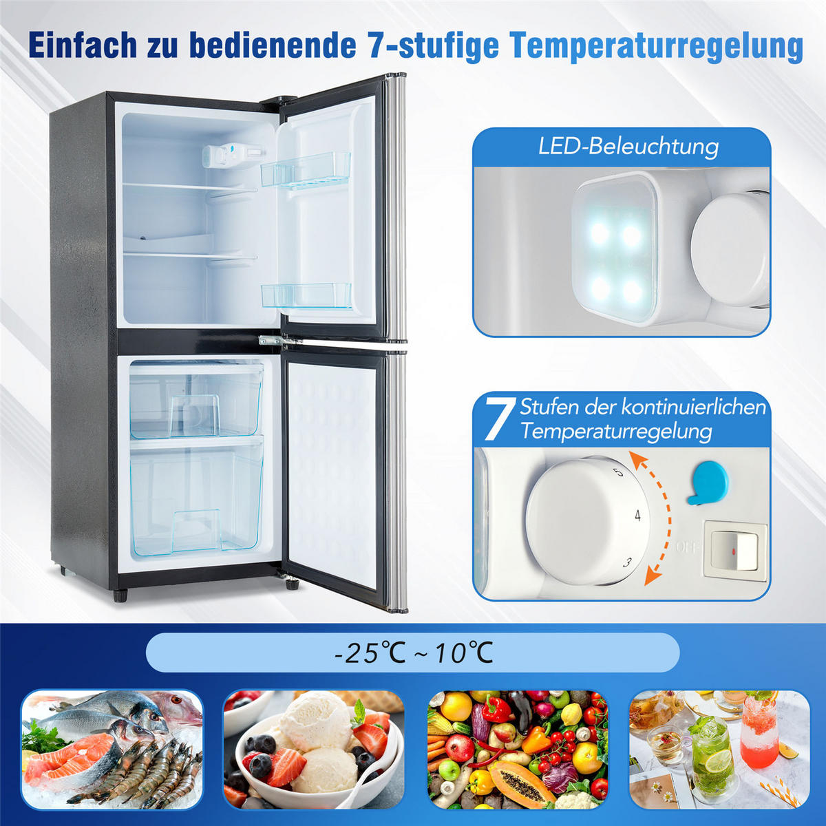 MINIKÜHLSCHRANK 106L (60L+46L) LED Kompressor 7 Stufen Silber/Schwarz - Silberfarben, Metall (42.5/102/44.5cm) - Kaket