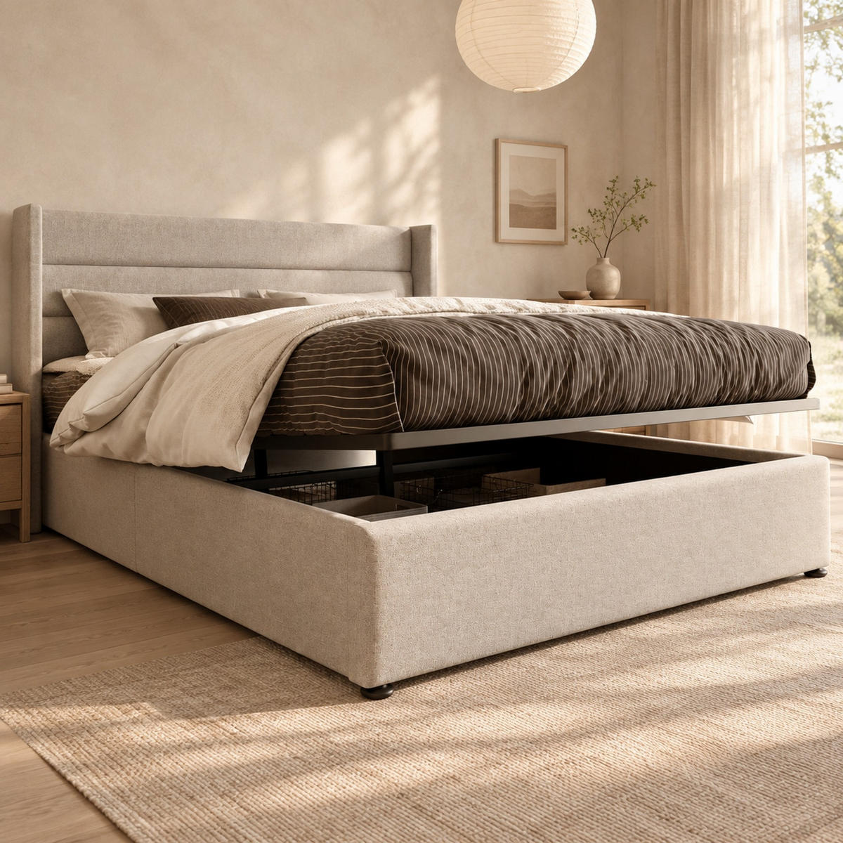 POLSTERBETT 180/200 mit Bettkasten und hydraulischem Stauraum in Beige - Beige, Holzwerkstoff/Textil (180/200cm) - EVRYAE