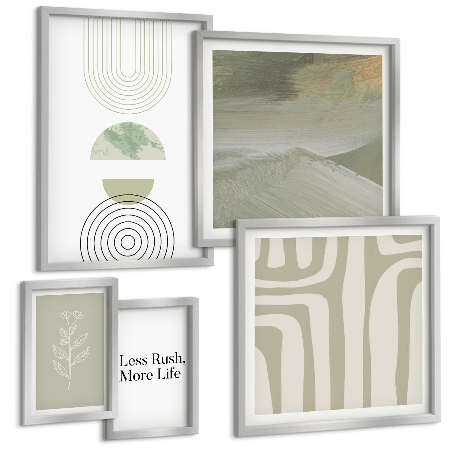 BILDER SET 5er Set - 50x50 cm & 20x30 cm & 40x60 cm Silberner Rahmen - Geometrische Pflanzenmuster - Silberfarben, Kunststoff (40/60cm) - TULUP