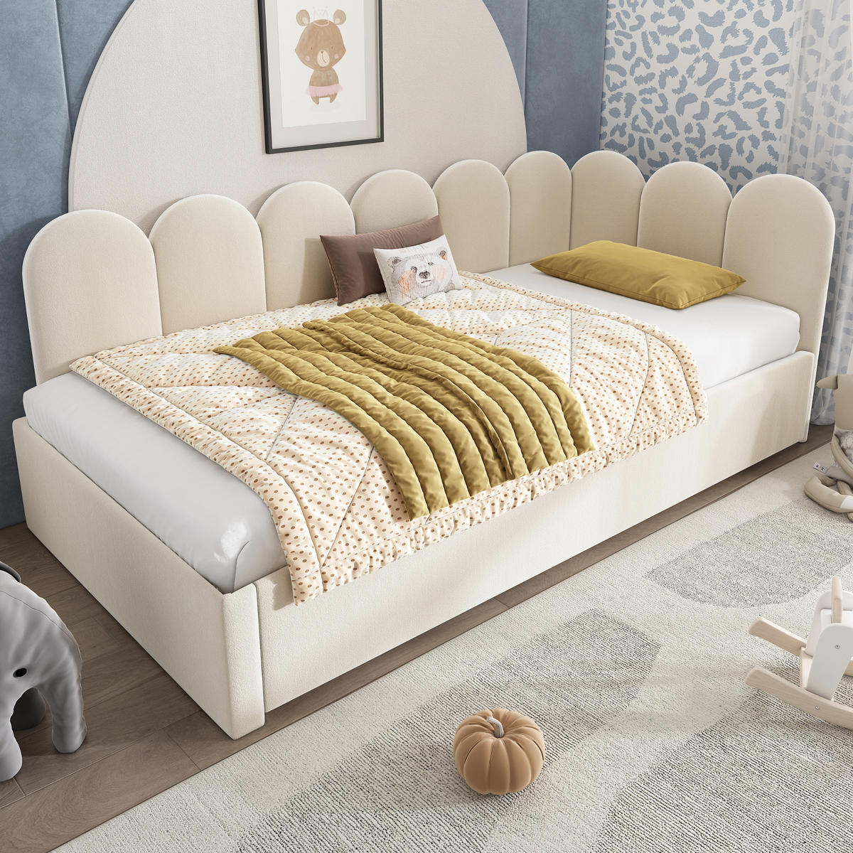 TAGESBETT mit Ausziehbett 90/200 cm aus Samt Beige mit kinderfreundlichem Gitter-Design - Beige, Textil (90/200cm) - OKWISH