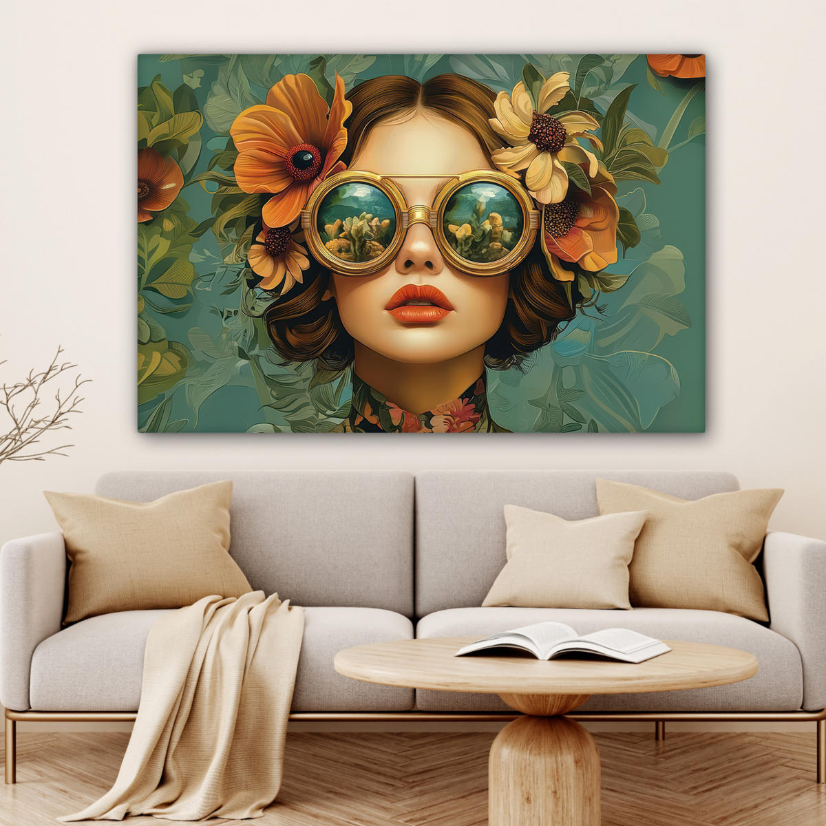 LEINWANDBILD Frau - Blumen - Schmetterlinge - Natur - Vintage Groß 140x90 cm - Salbeigrün, Textil (140/90cm) - MuchoWow