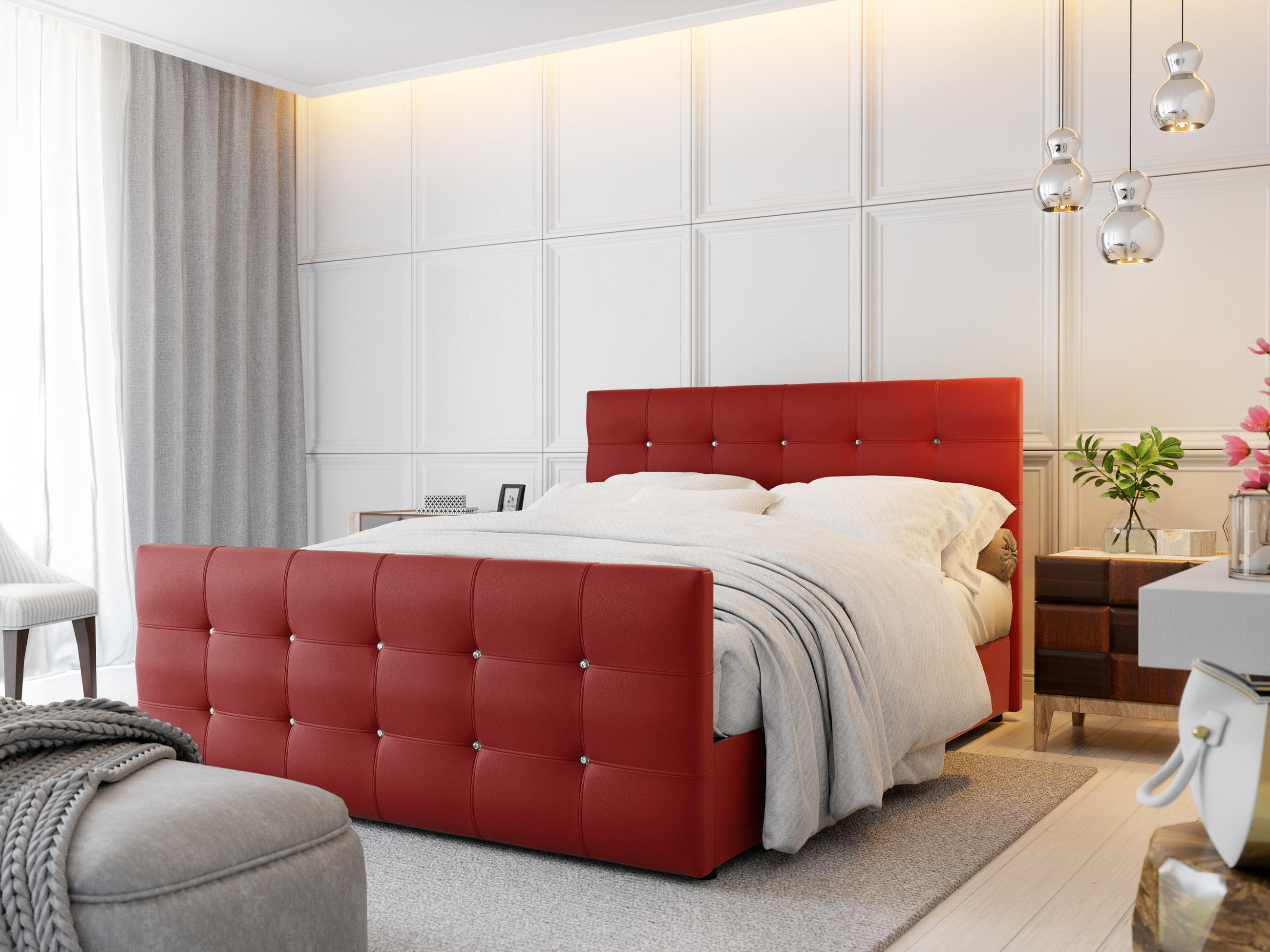 BOXBETT KLEO 200x200, mit Matratze H3, Bonell und Topper, Madryt 160 - Rot, Holz/Kunststoff (200/200cm) - Bedante