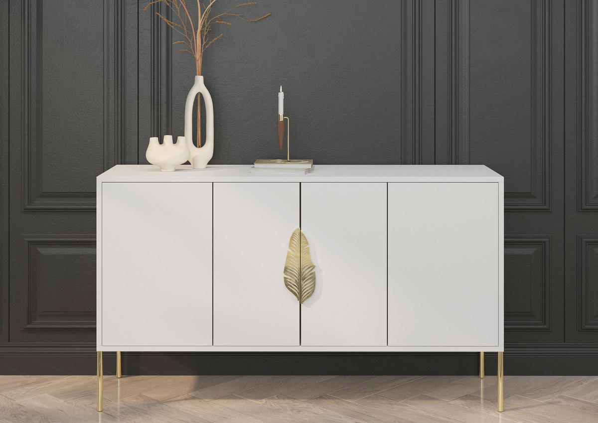 SIDEBOARD Merlin, Weiß, Goldene Details - Goldfarben/Weiß, Holzwerkstoff/Metall (138/79/40cm) - Skandica
