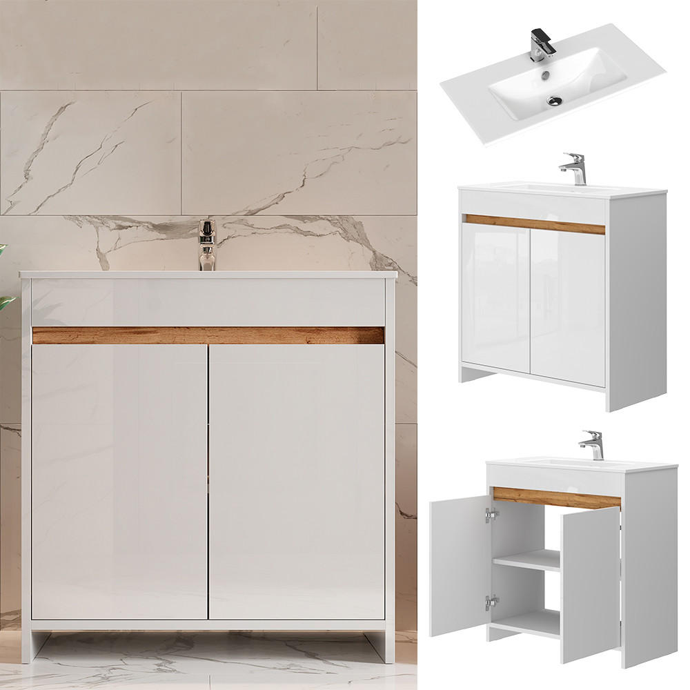 WASCHTISCHKOMBI Lemgo Weiß 2 Teile, Unterschrank 80 cm - Weiß Hochglanz/Weiß, Holzwerkstoff (79.8/81.9/40cm) - Vicco