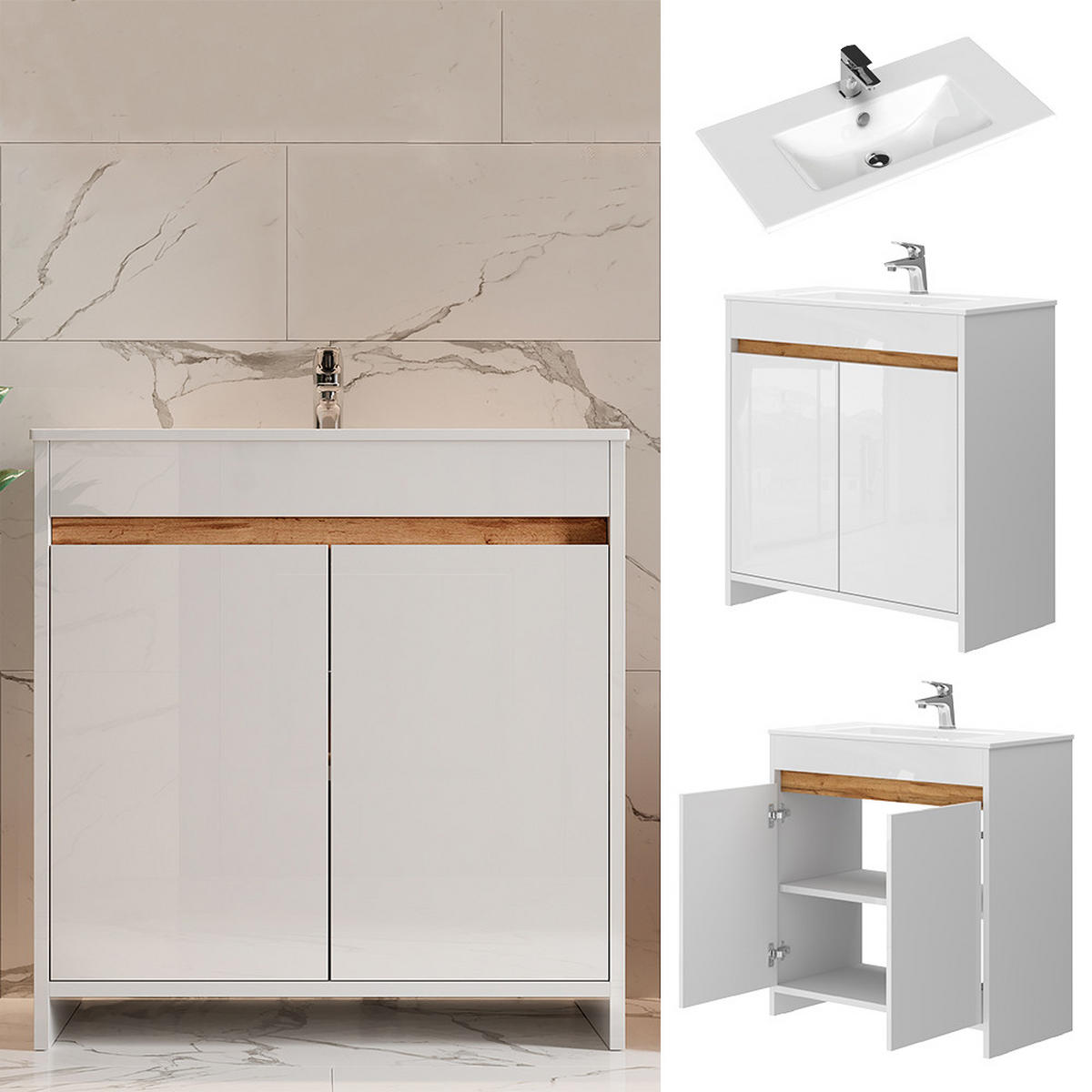 WASCHTISCHKOMBI Lemgo Weiß 2 Teile, Unterschrank 80 cm - Weiß Hochglanz/Weiß, Holzwerkstoff (79.8/81.9/40cm) - Vicco