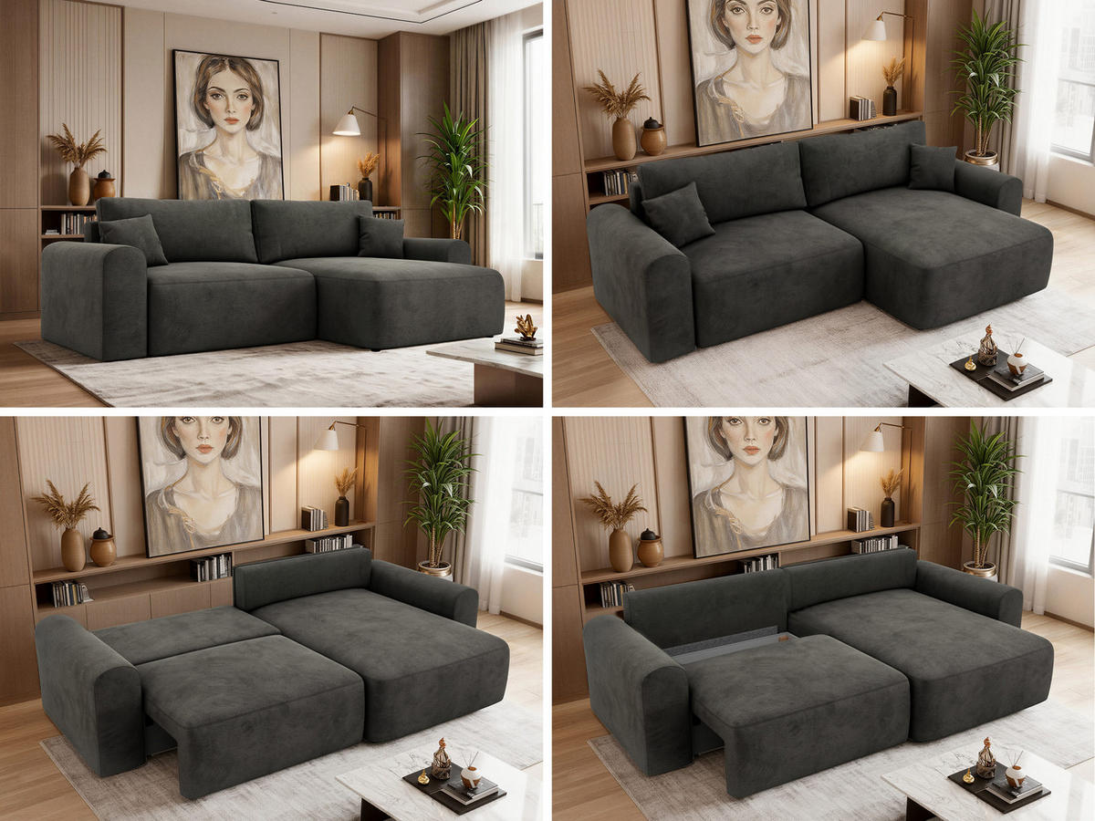 ECKSOFA NEKSON L - Dunkelgrau Velvet - Dunkelgrau/Schwarz, Kunststoff/Textil (274/152cm) - MKS