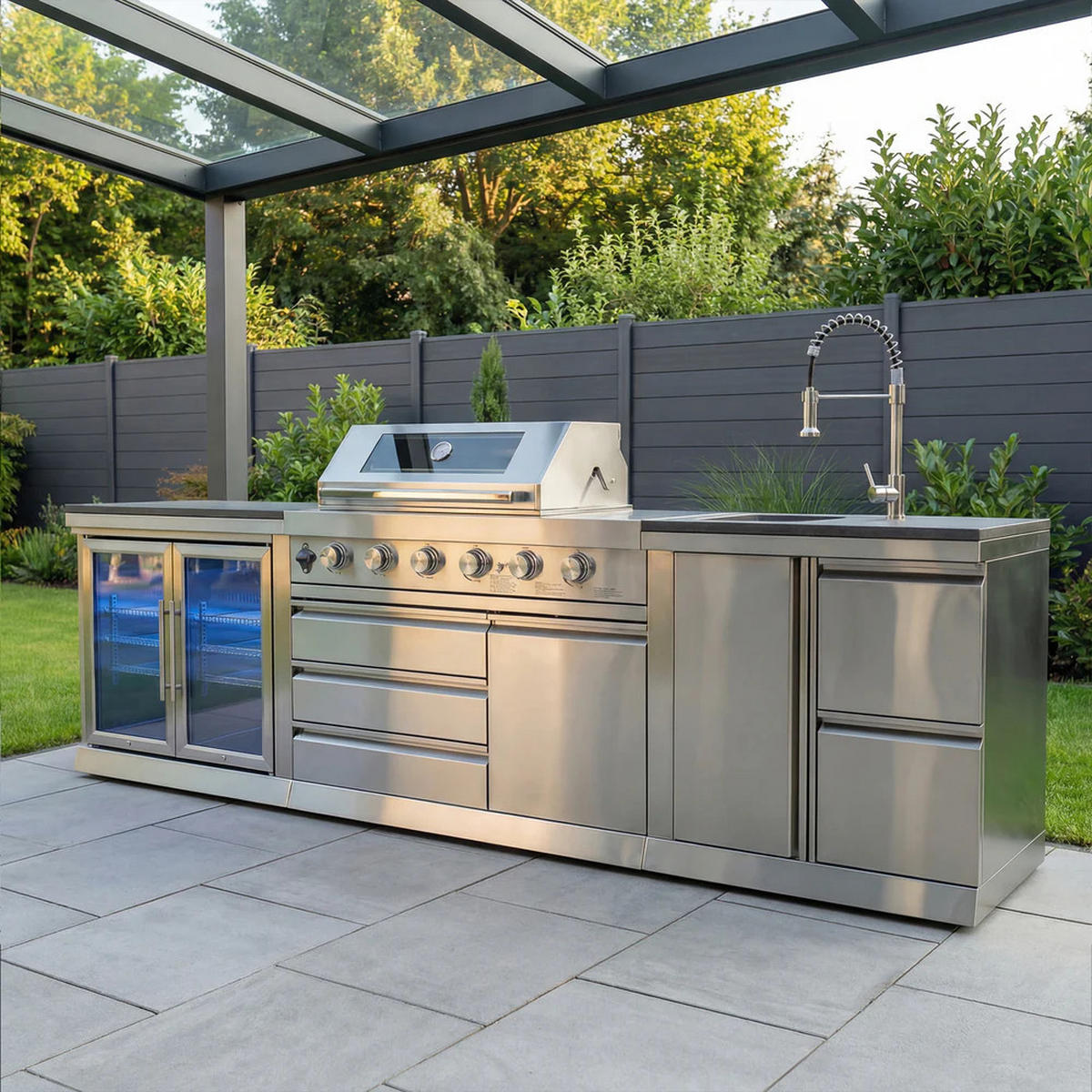 OUTDOORKÜCHE SILVERBACK M1 Gasgrill mit Spülbecken und Kühlschrank - Silberfarben, Metall (300/90/58cm) - Goriller