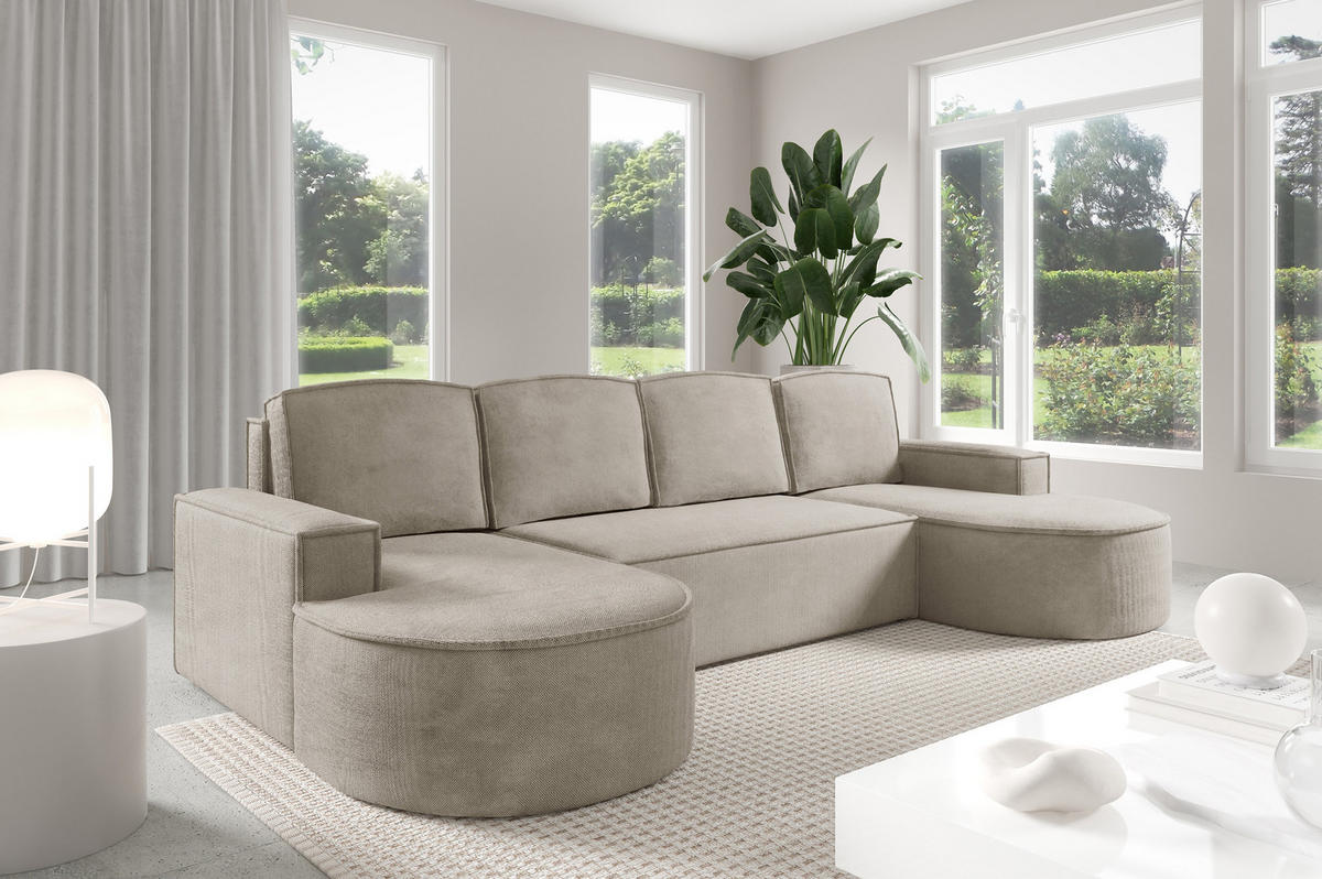 ECKSOFA MOLLY U Freistehendes, mit Schlaffunktion, 140x273cm, Bettkasten und Abnehmbaren Kissen – 316x157x88cm, Curio Stoff, Esche - Hellgrau, Holz/Textil (316/157cm) - DomoHome