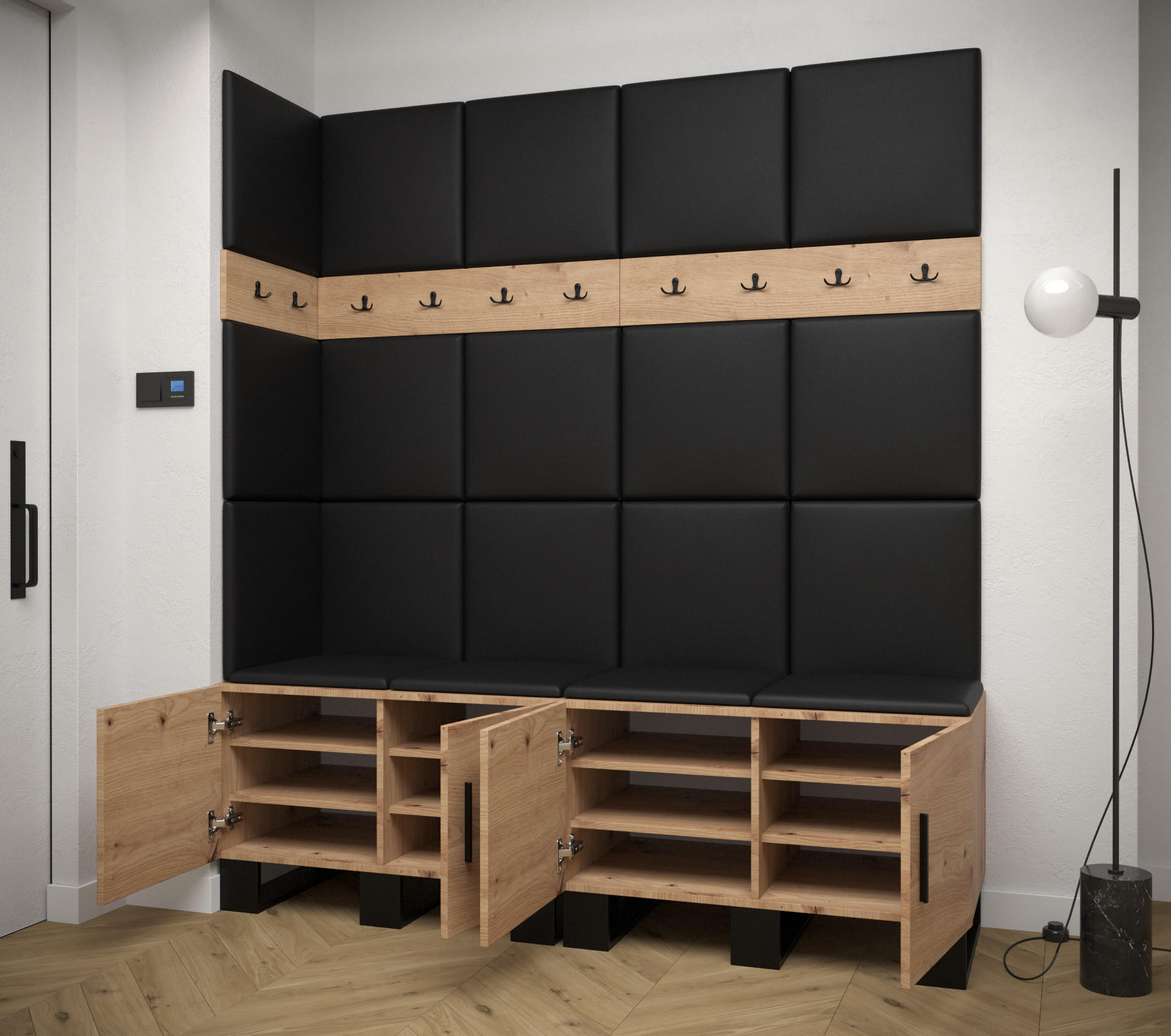 Thumbnail - Abiks Möbel Garderoben-Set, Eiche Artisan, Weiß, Kunststoff, Nachbildung, 4-Sitzer, 8 Fächer, 168x196x45.6 cm, Garderobe...