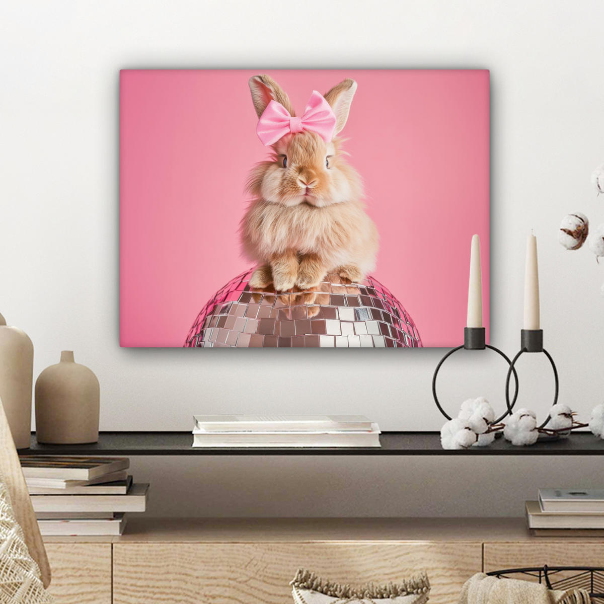 LEINWANDBILD Schleife - Discoball - Kaninchen Wandbild 40x30 cm - Pink, Textil (40/30cm) - MuchoWow