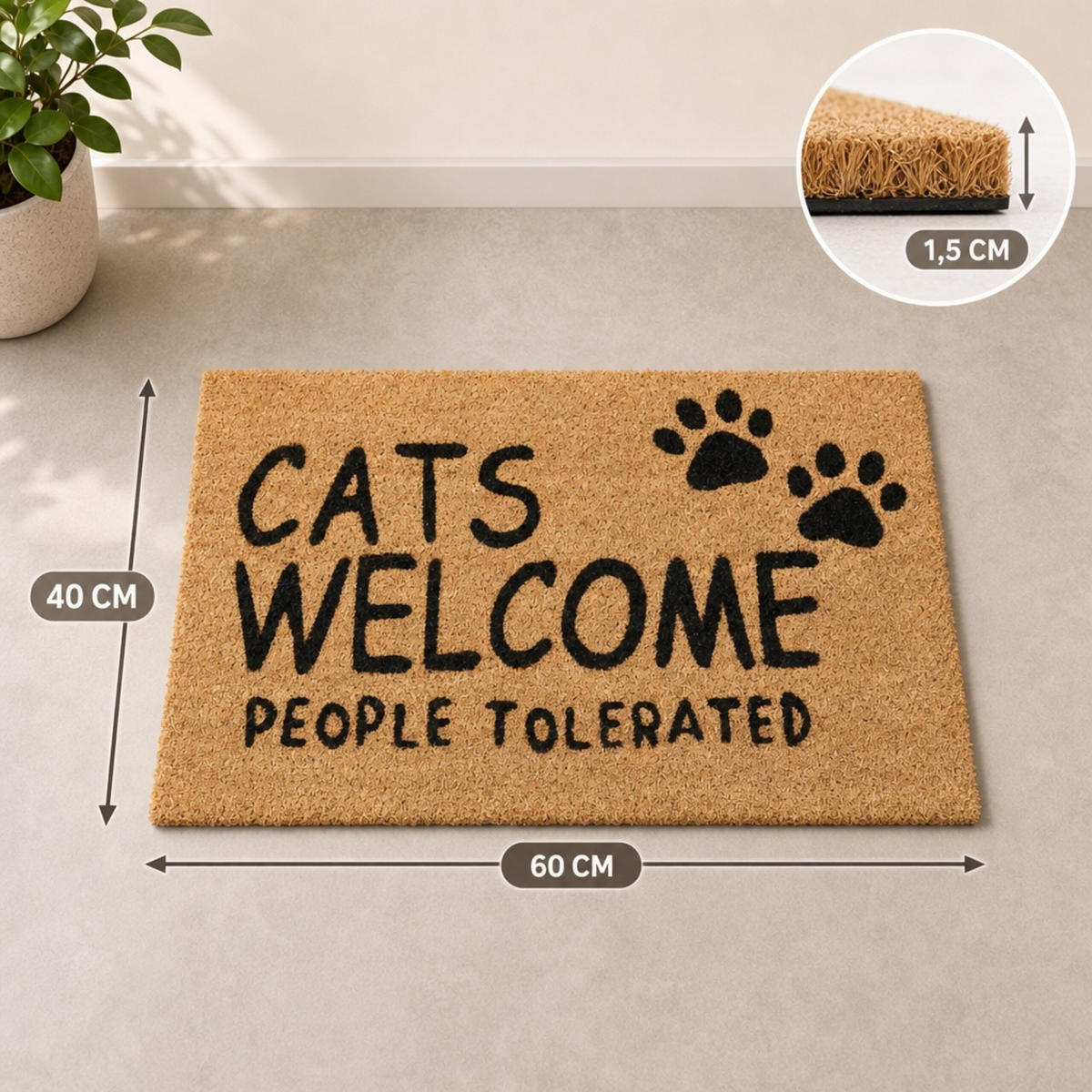 ROHOŽKA Přírodní Černá kokosové vlákno kočičí motiv - béžová, textil/plast (60/40cm) - Relaxdays