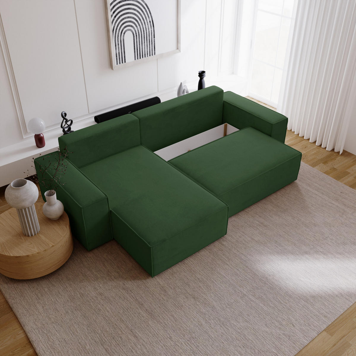 ECKSOFA mit Schlaffunktion Bergamo L 280 cm, Samt, Links - Grün - Grün, Holz (277/189cm) - Emporius
