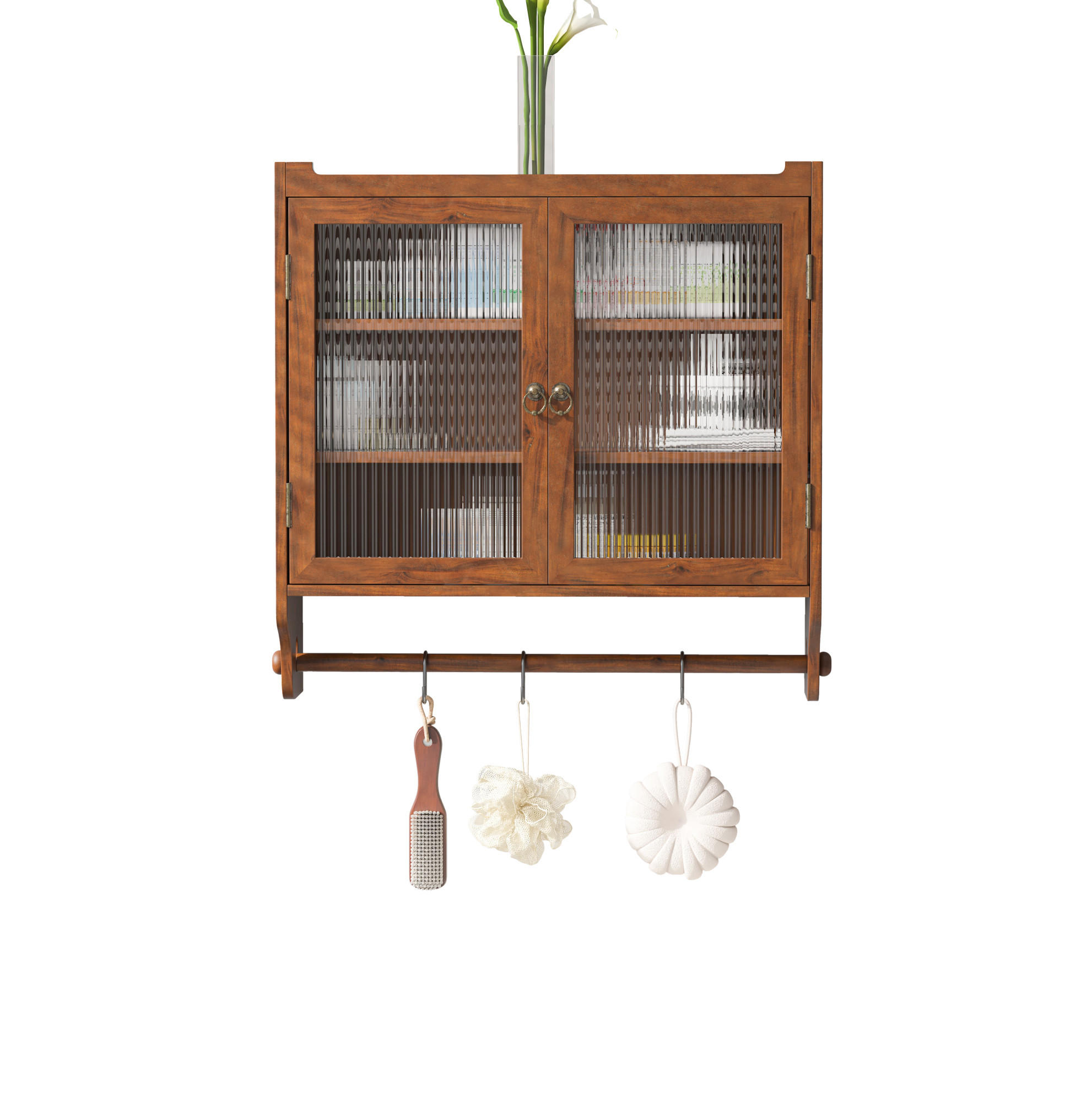 KÜCHENOBERSCHRANK 63/18/60 cm mit Glastüren, 3 Ablagen und Handtuchhalter aus Massivholz/MDF, Braun - Braun, Holzwerkstoff (63/60/18cm) - Redom