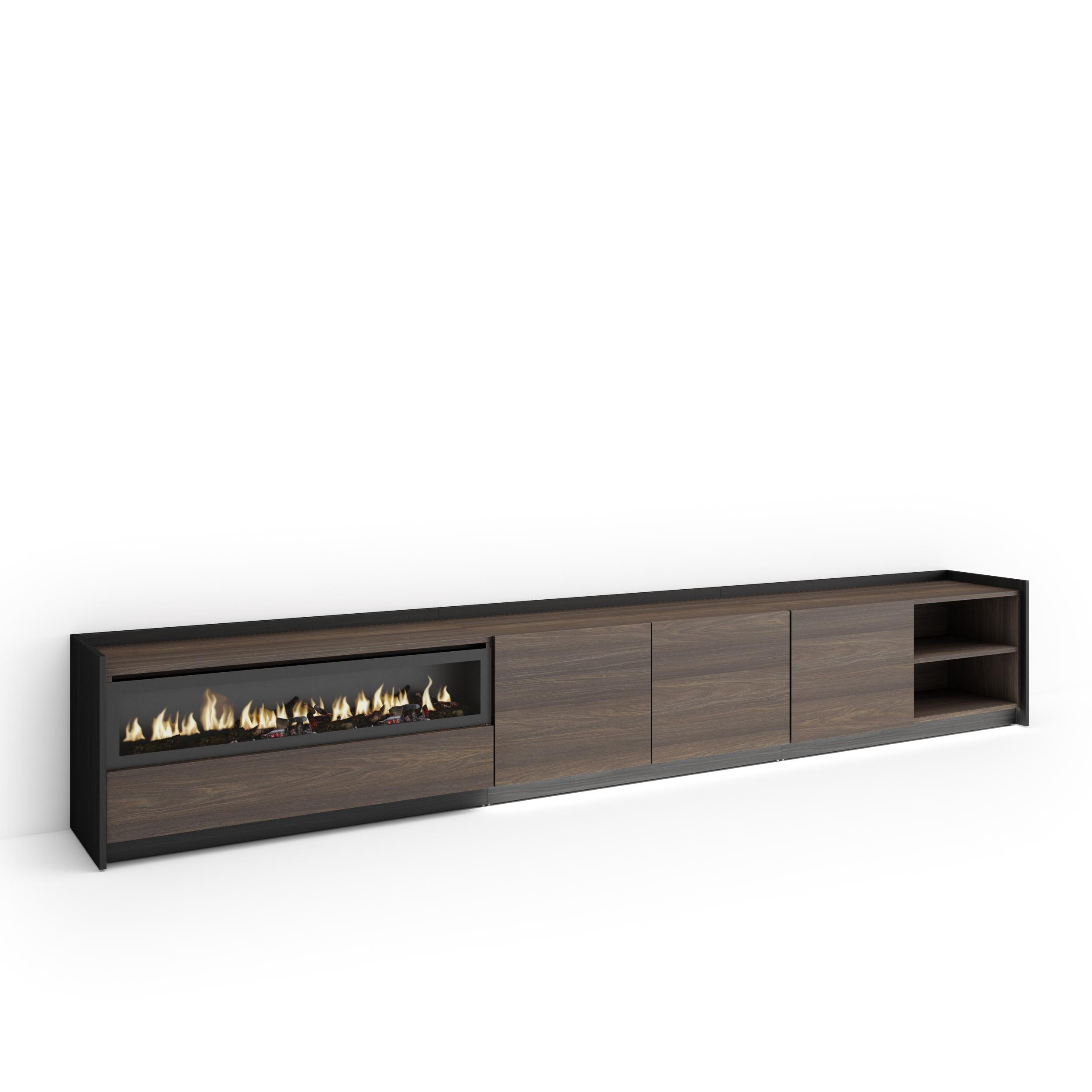 LOWBOARD, Eiche und Schwarz, 310/37/50cm, Kamin mit Feuereffekt - Dunkelbraun, Holzwerkstoff (310/50/37cm) - Skraut Home
