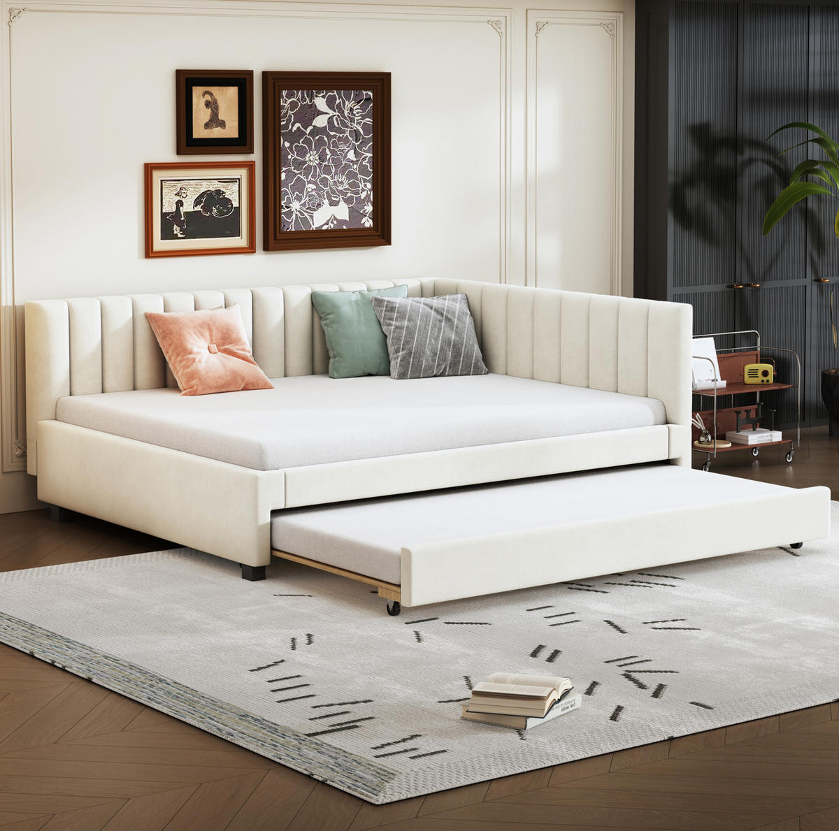 POLSTERBETT 140/200 cm aus Samt mit ausziehbarem Unterbett Beige - Beige, Leder (140/200cm) - Modenvie