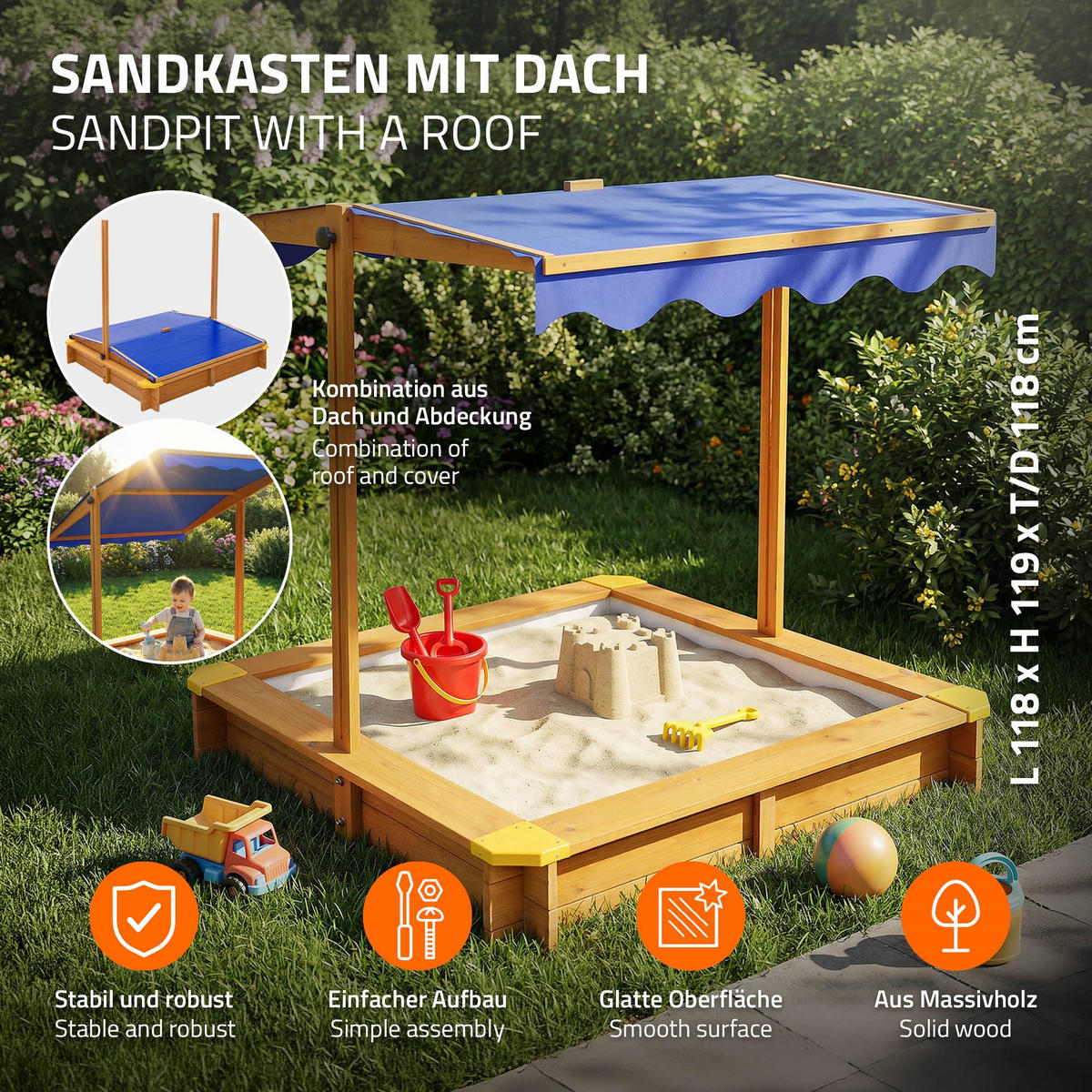 SANDKASTEN MIT DACH 118x118 cm Natur aus Massivholz - Naturfarben, Holz (118/118/119cm) - ML-DESIGN