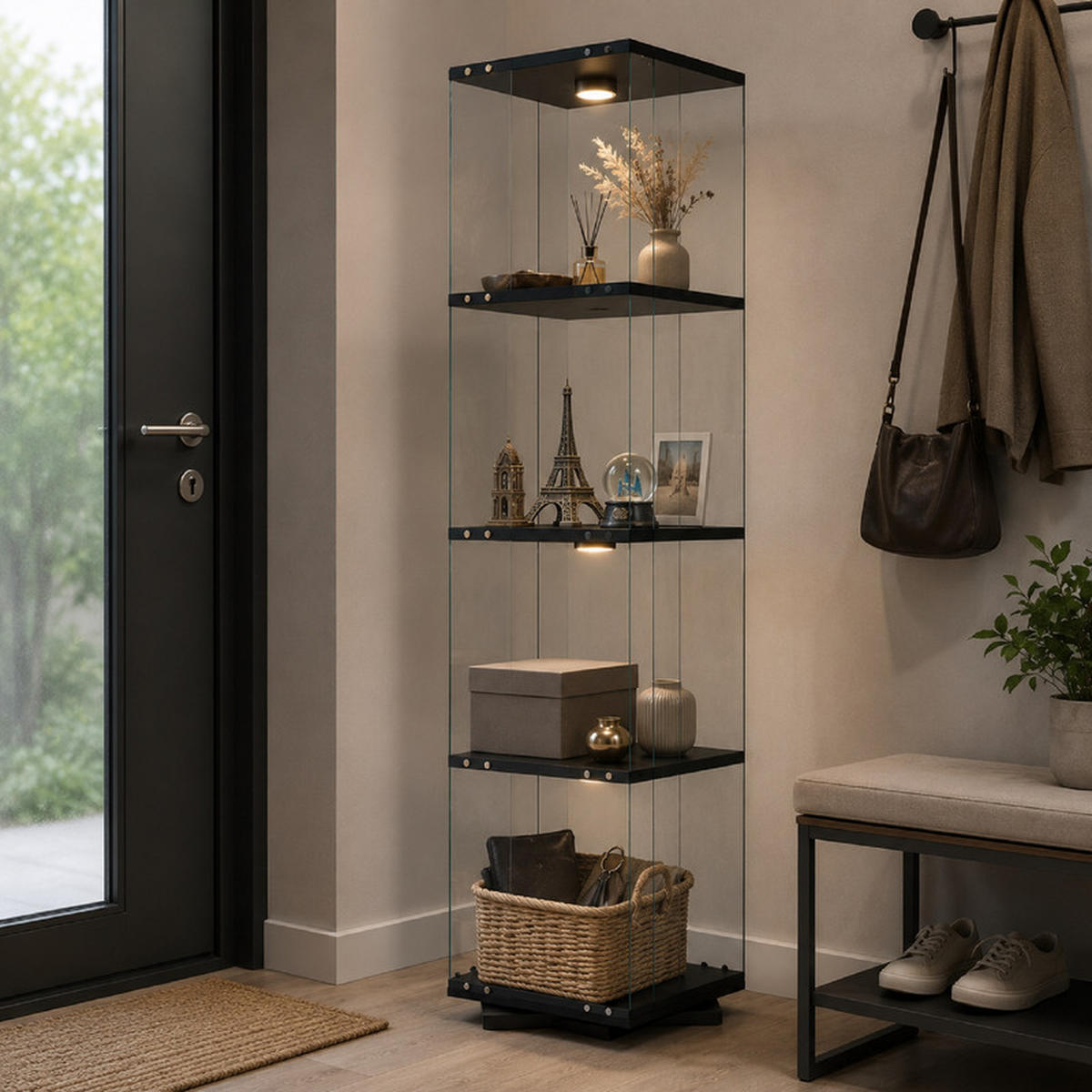 GLASVITRINE 360° drehbar mit RGB LED, schwarz, 4 Ebenen - Schwarz, Glas (38/160/38cm) - SHOPENTRA