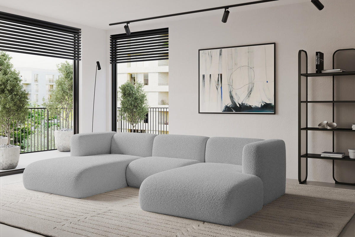 WOHNLANDSCHAFT MIRA-U1 317x179x70 Hellgrau Bouclé - Silberfarben/Hellgrau, Holzwerkstoff/Kunststoff (317/70/179cm) - ALTDECOR