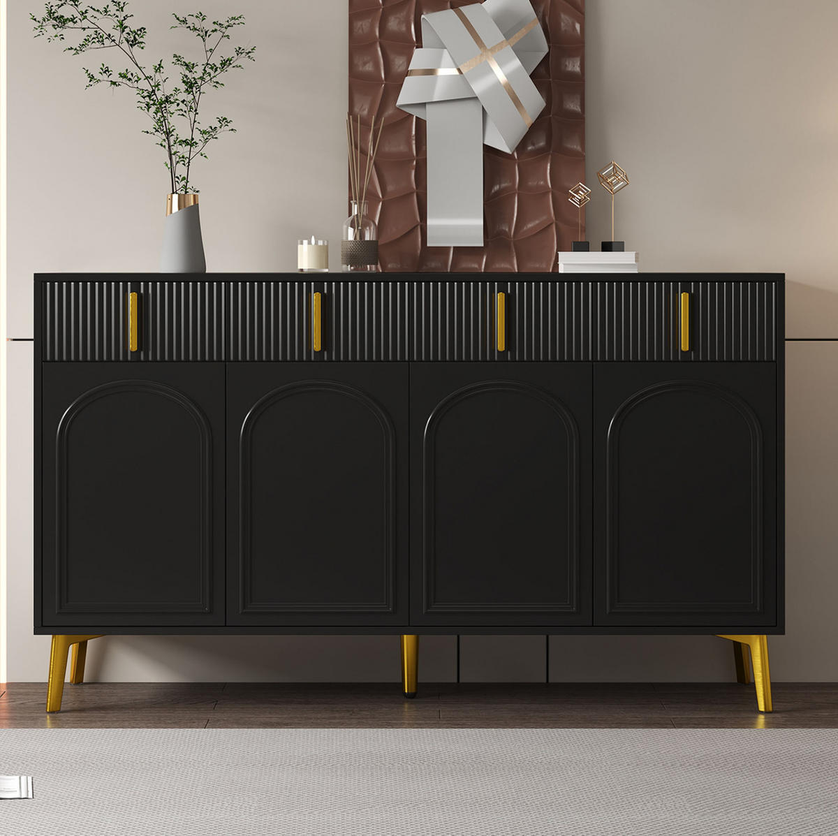 SIDEBOARD 140/38/82 cm Schwarz aus MDF mit 4 Türen und 4 Schubladen - Schwarz, Holzwerkstoff (140/82/38cm) - OKWISH