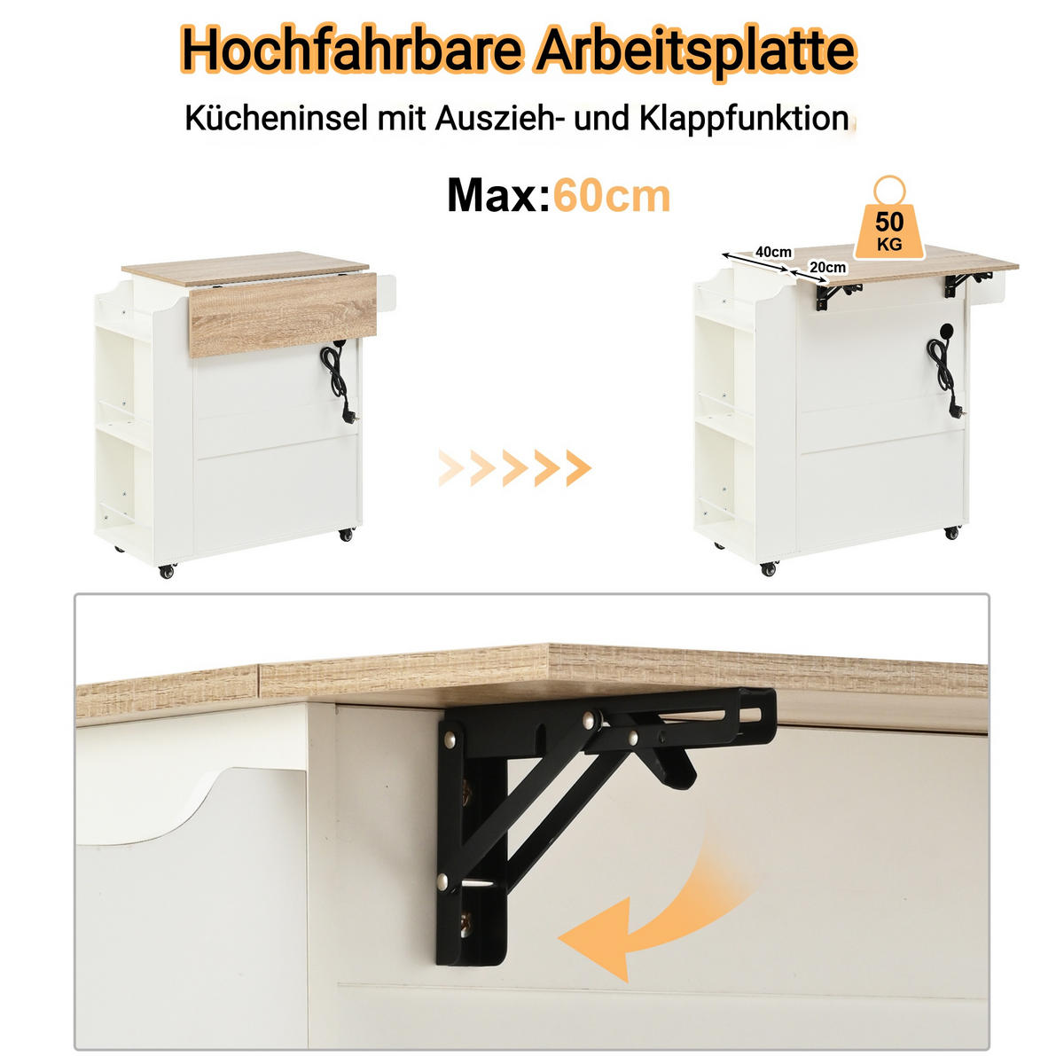 KÜCHENROLLWAGEN 66x40x90cm MDF mit Klappplatte, Schublade, Schrank & 4 Rollen - Weiß, Holzwerkstoff (66/90/38cm) - Modfu