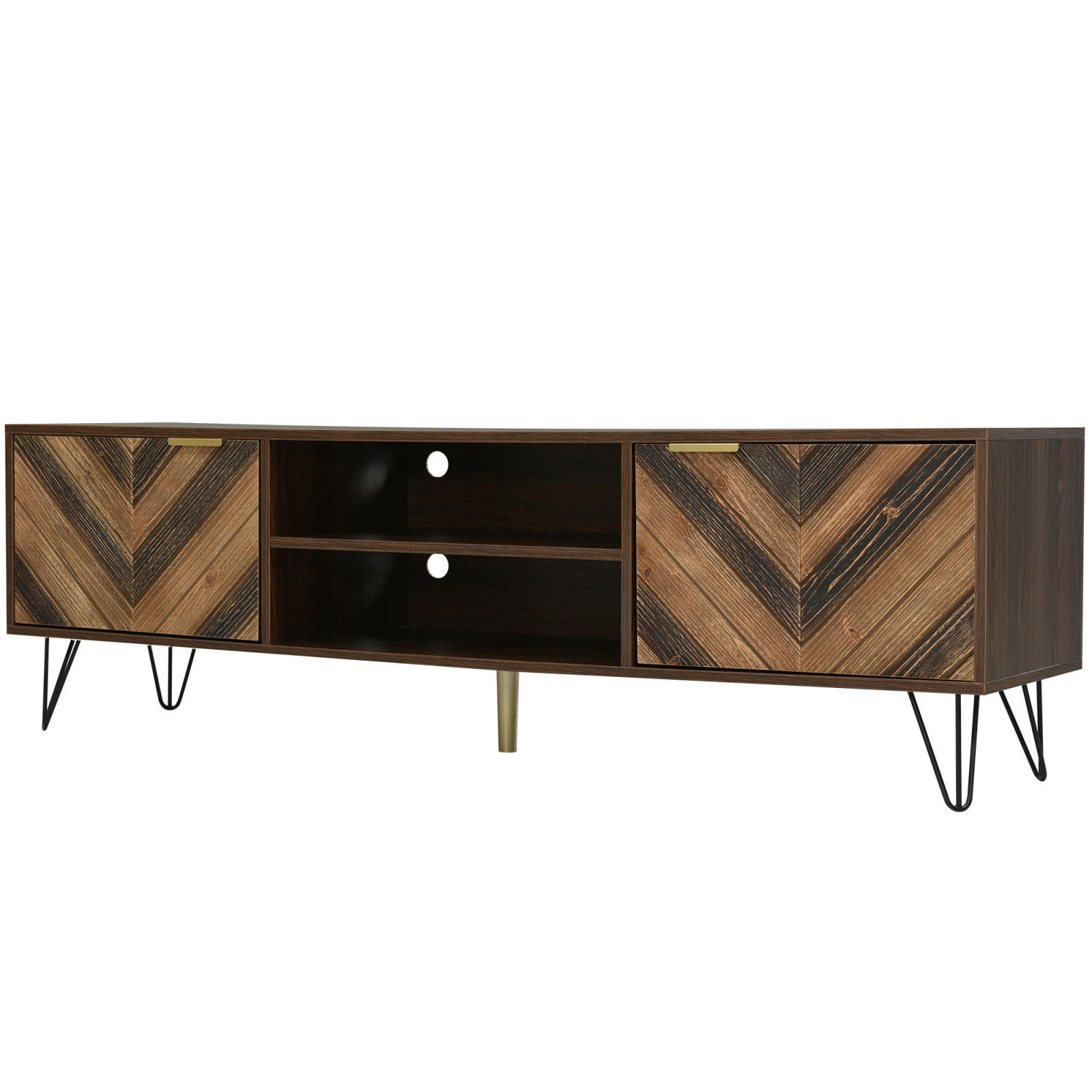 TV Lowboard Schwarz Holz, goldene Griffe, Eisenfüße - Braun, Holz (157/48/38cm)