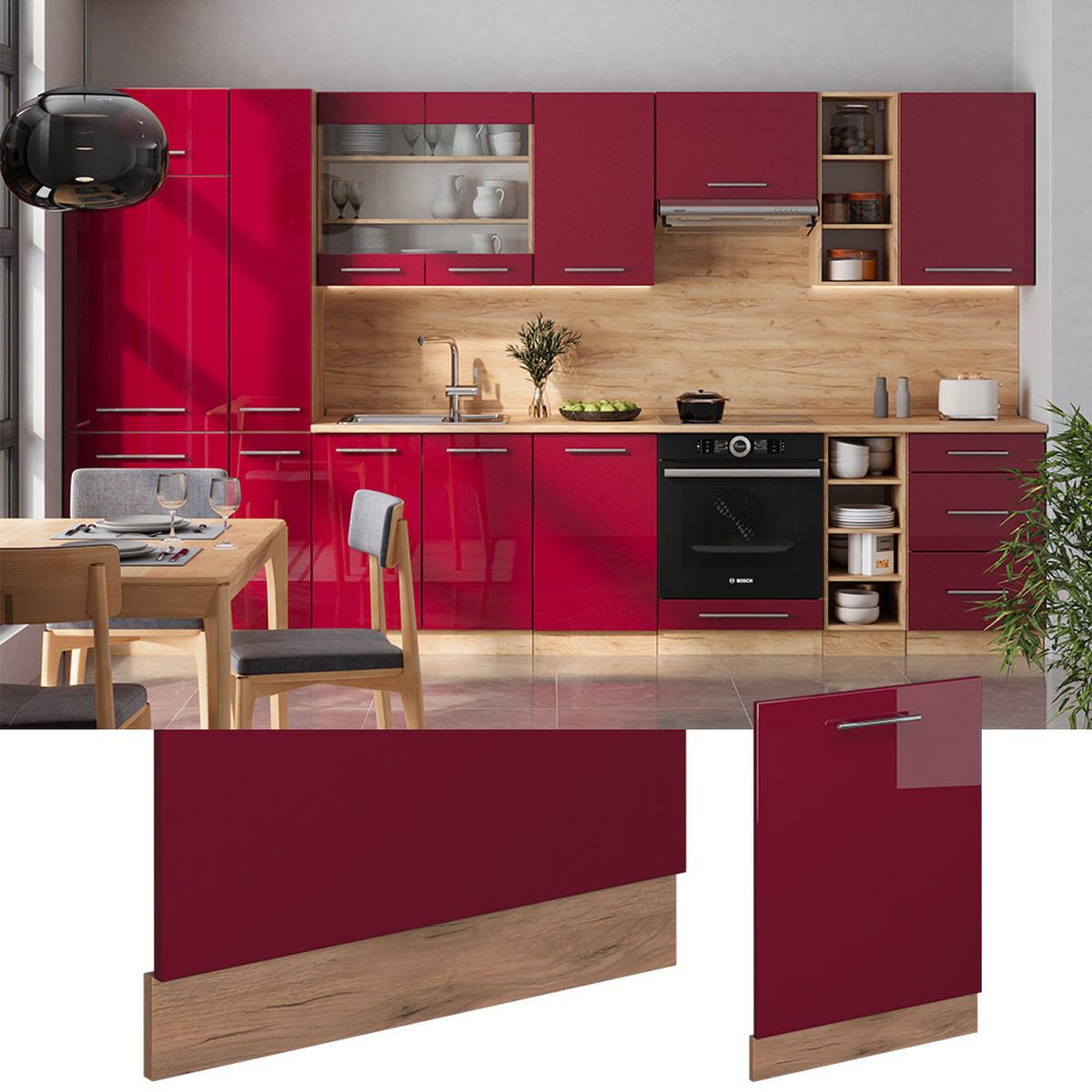 GESCHIRRSPÜLBLENDE Fame-Line Bordeaux Hochglanz 60 cm ohne Arbeitsplatte - Honigeiche/Bordeaux, Holzwerkstoff (60/81.8/1.6cm) - Vicco