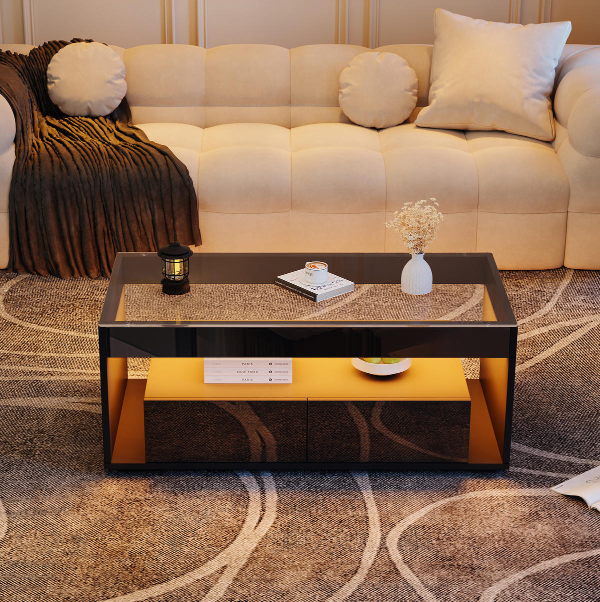 COUCHTISCH 100/50/40 cm schwarz aus Spanplatte und Glas mit LED-Licht - Schwarz, Holzwerkstoff (110/50/40cm) - OKMYHOME