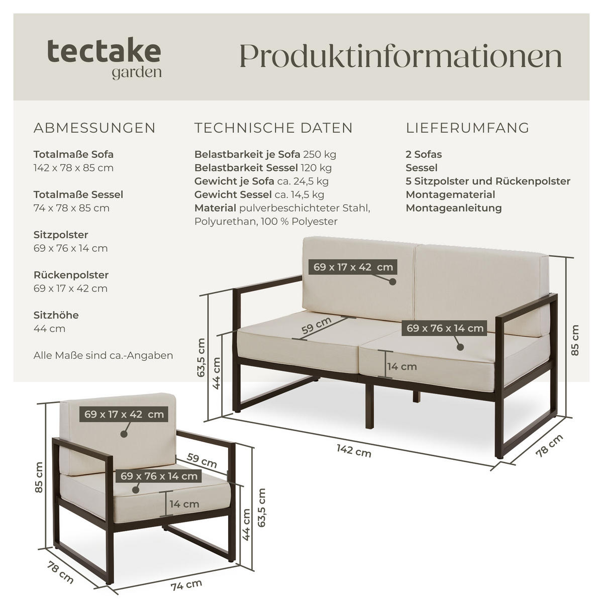 GARTEN-LOUNGESET Comosa,höhenverstellbare Füße,braun/beige - Beige/Braun, Kunststoff - tectake