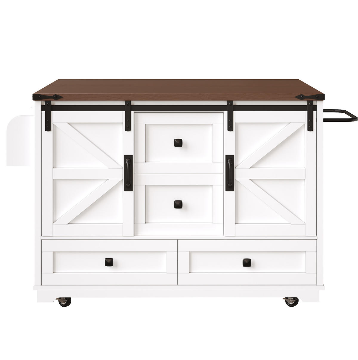 KÜCHENINSEL 142,5/45-73/92,5 cm mit Klapptisch, Schiebetüren im BarnDoor-Design und Stauraum, Weiß, MDF/Metall - Weiß, Holzwerkstoff (142.5/92.5/45cm) - Redom
