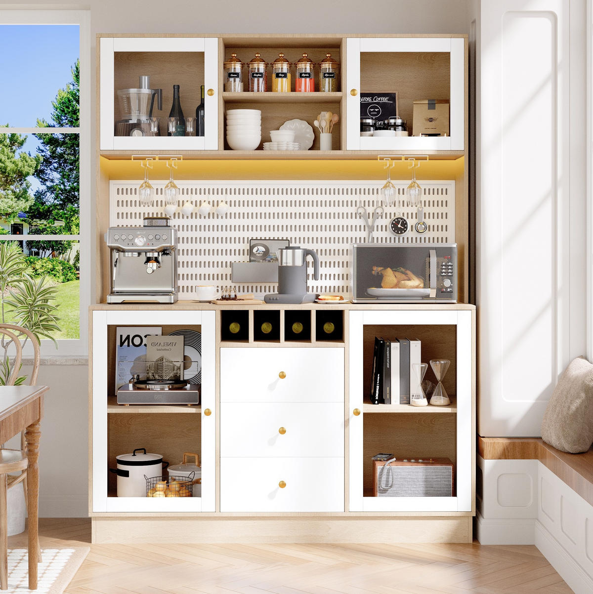 HIGHBOARD in Weiß Küchenschrank mit LED-Lichtleiste und Schubladen für Küche und Wohnzimmer, B140/T40/H185.7 cm - Transparent/Weiß, Glas/Holzwerkstoff (140/185.7/40cm) - STILVORA