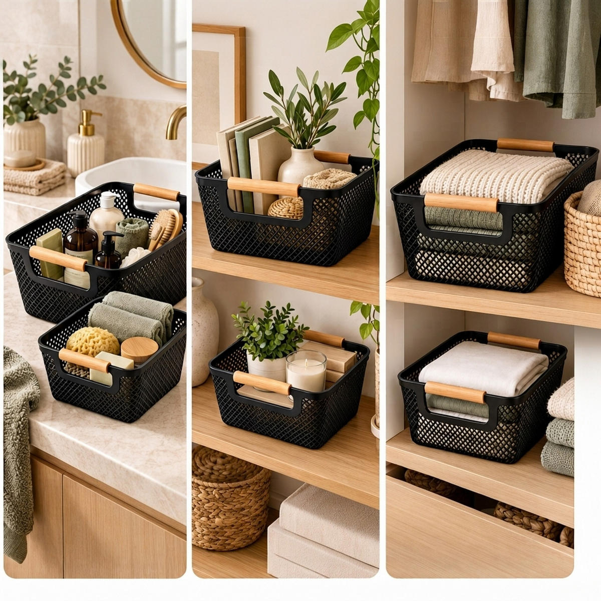 FÖRVARINGSKORG Svart 6-pack plast trähandtag storlek S - Svart, Trä/Plast (17.5/28.5/14cm) - Relaxdays