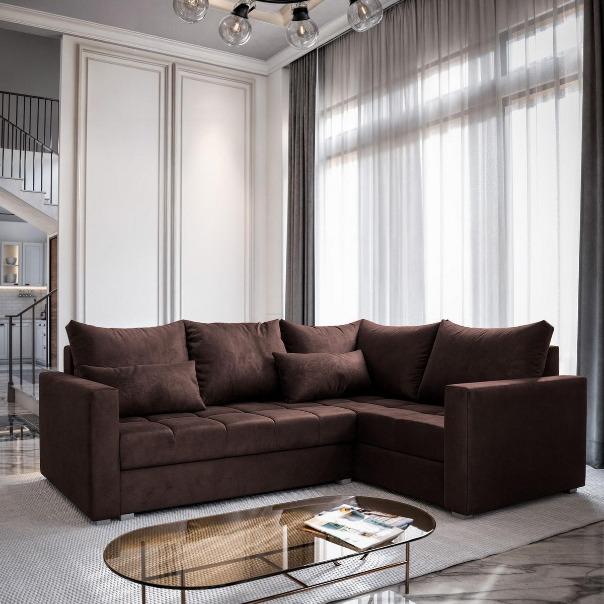 ECKSOFA LIRENO R-S Braun Plüsch-Stoff mit Schlaffunktion - Braun, Holz (220/153cm) - MASSENO