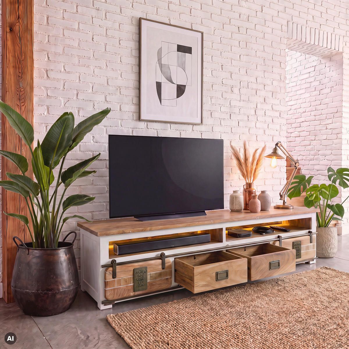 TV-BOARD Mango / Altholz 220x55x50 weiß lackiert RAILWAY LUX #532 - Weiß, Holz (220/50/55cm) - Massivmoebel24