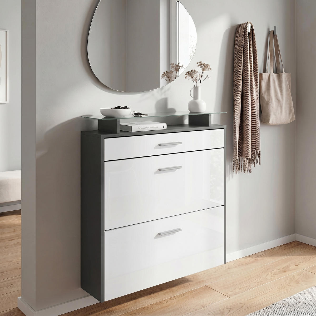 SCHUHSCHRANK Malea Fronten in Weiß Hochglanz - Weiß Hochglanz, Holzwerkstoff (89/96/23cm) - Vladon