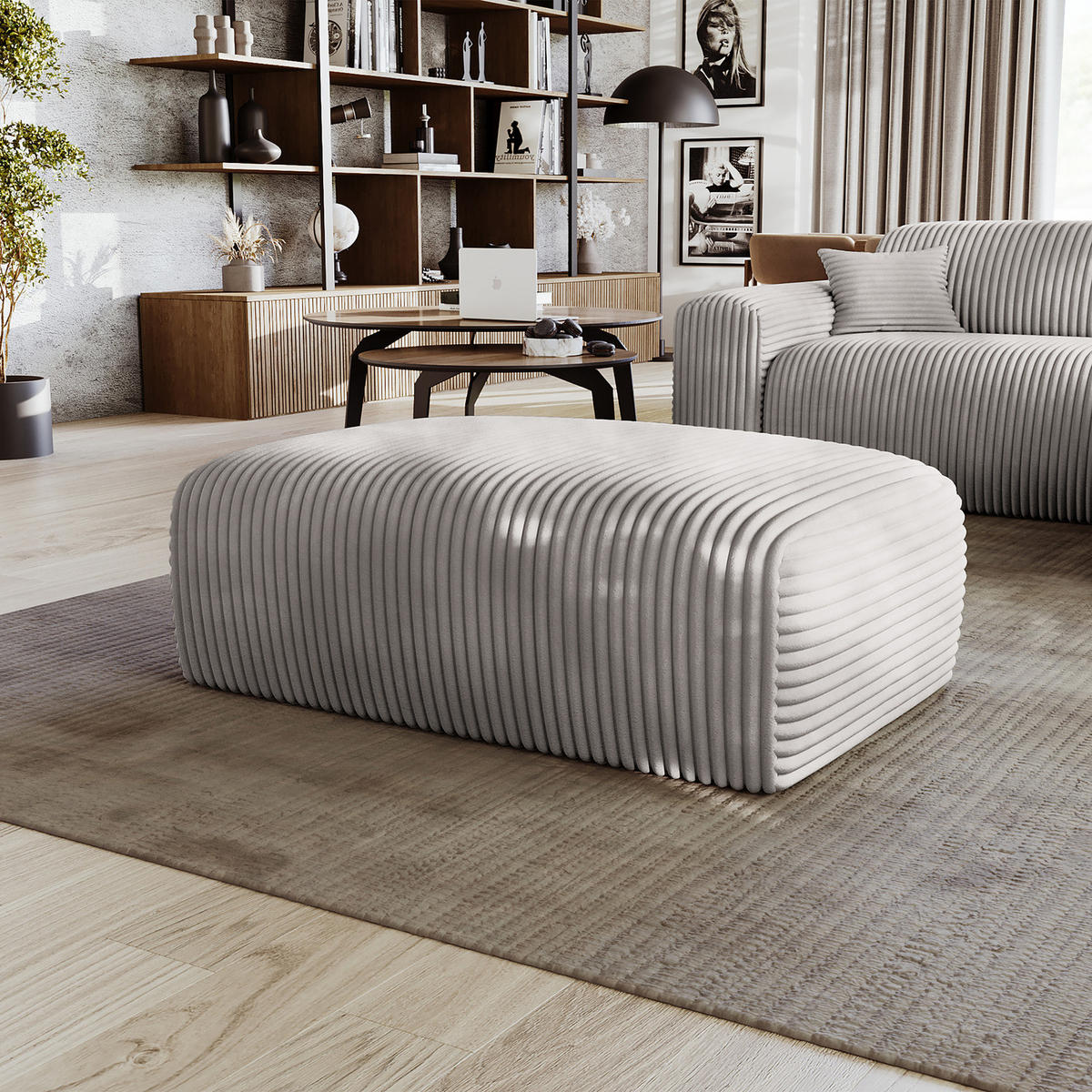 POLSTERHOCKER - Cord - Hellgrau/Schwarz, Kunststoff/Textil (110/40/72cm) - home24
