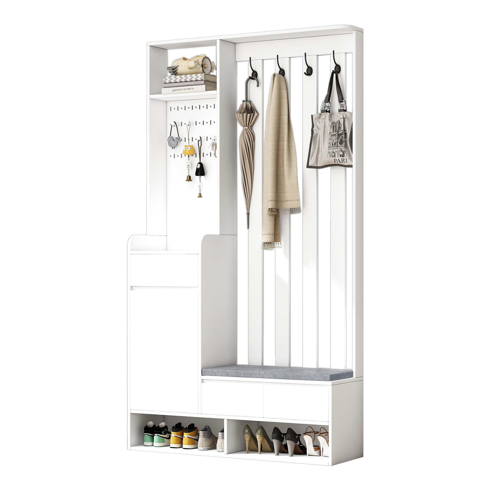 SCHUHSCHRANK aus MDF 180x100x35cm in Weiß mit Sitzbank & Stecktafel - Weiß, Holzwerkstoff (100/180/35cm) - Modfu
